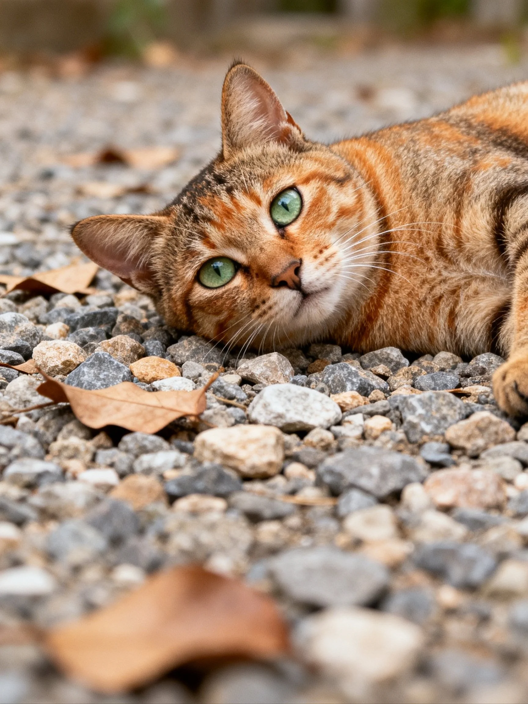 A brown tabby cat rests on a gravel path with scattered stones