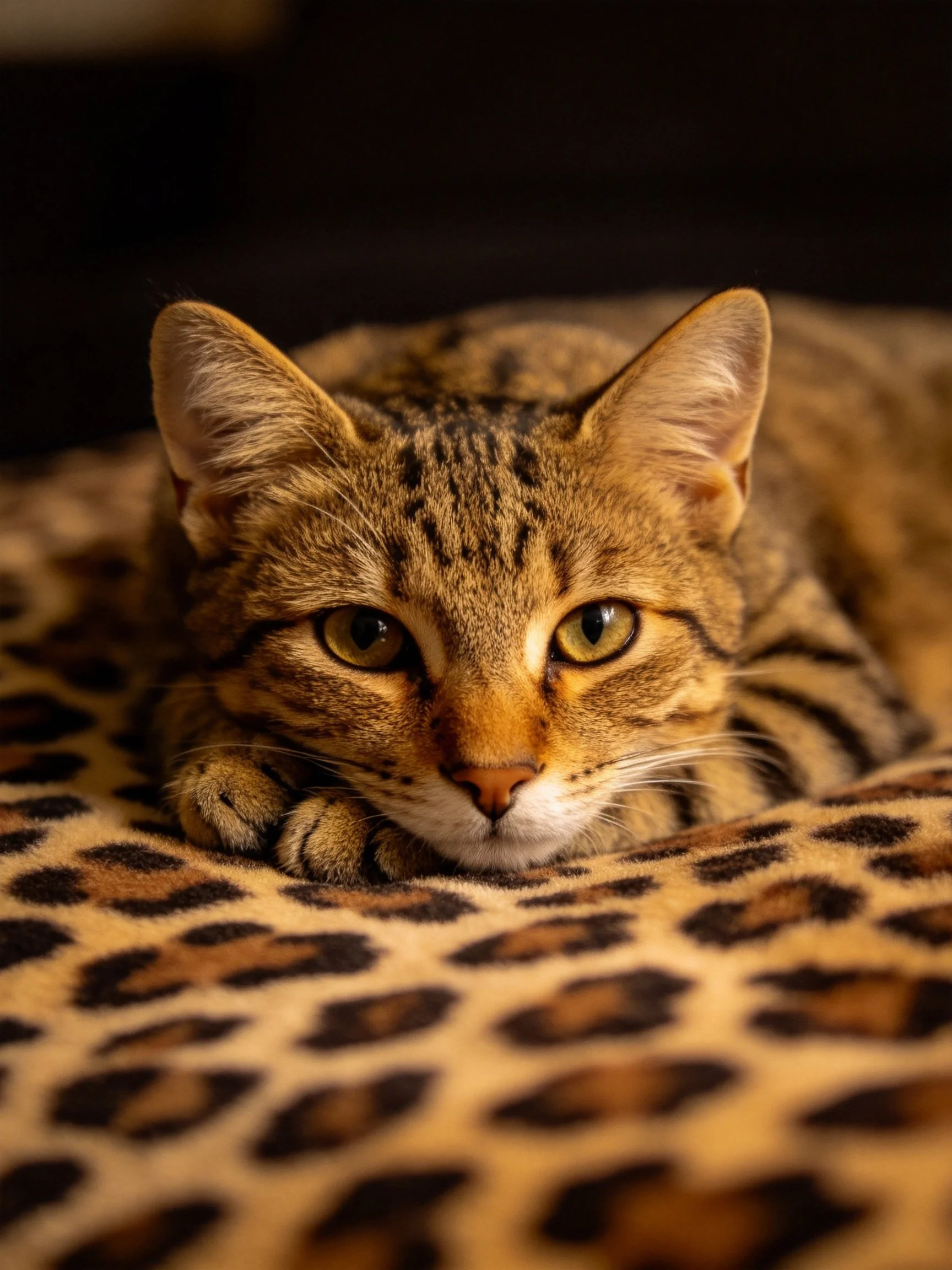 A brown tabby cat rests on a leopard - print blanket with attentive eyes