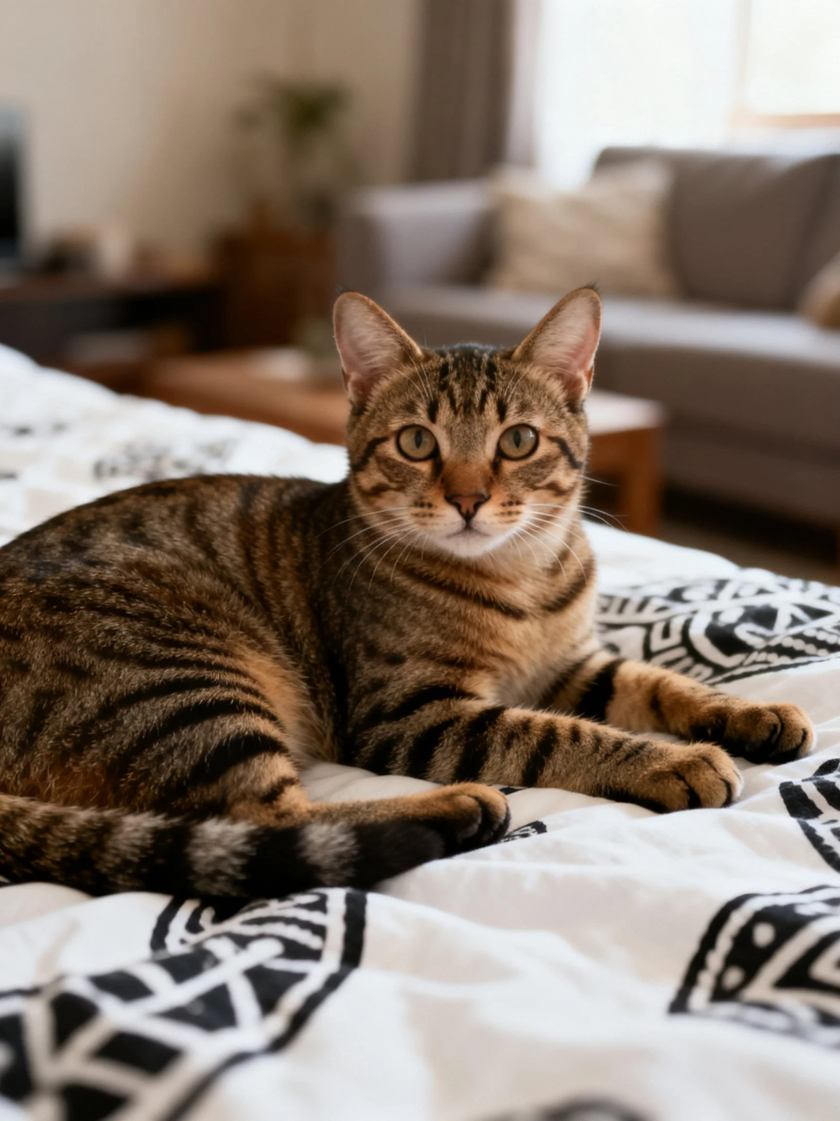 A brown tabby cat rests on a patterned bedspread in a cozy living room