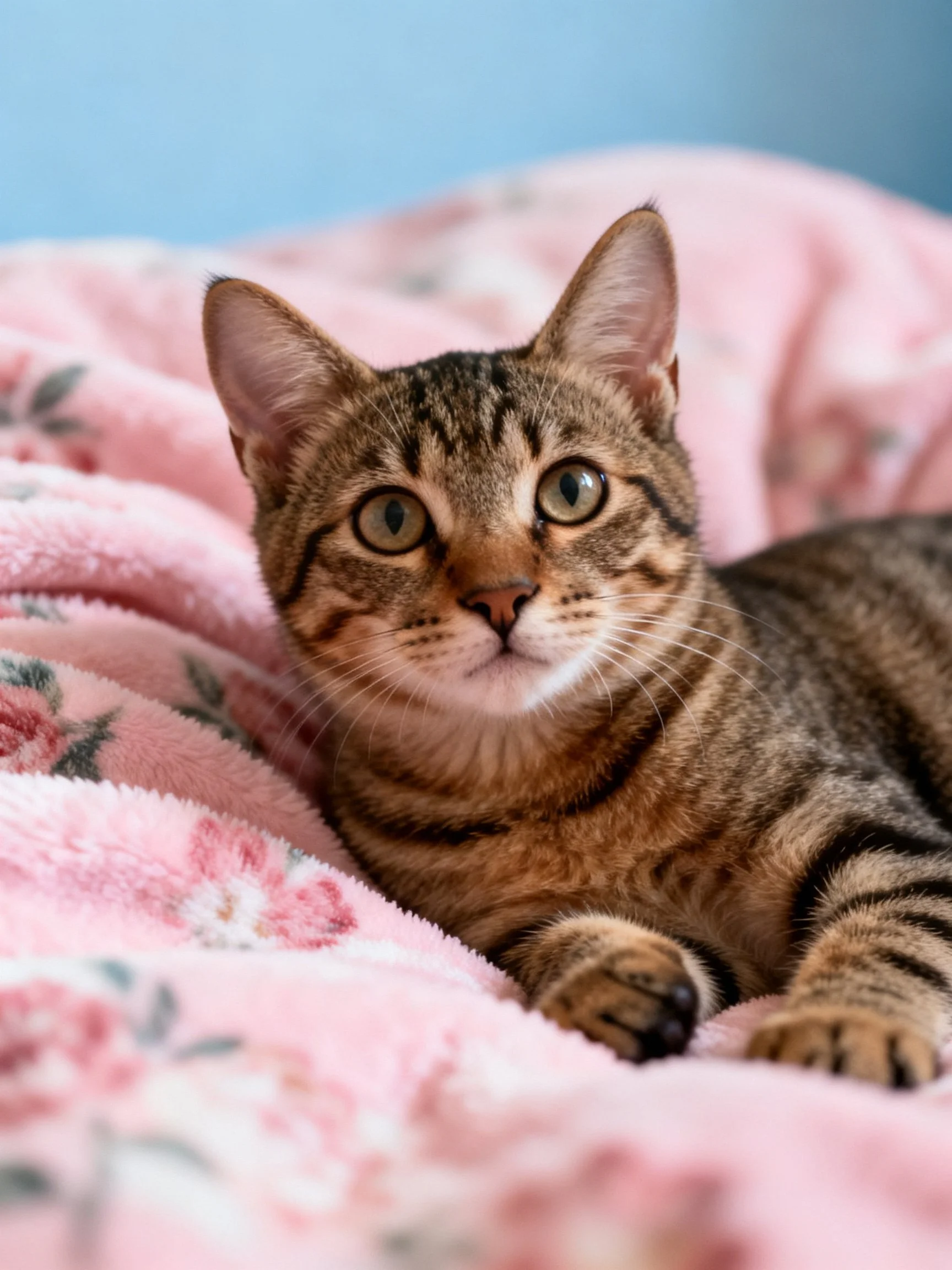 A brown tabby cat sits calmly on a pink floral blanket indoors.