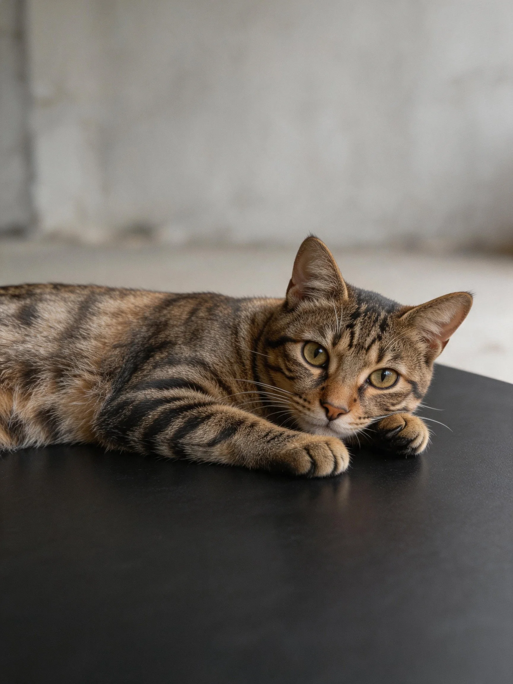 A brown tabby cat rests on a sleek black surface, gazing directly ahead