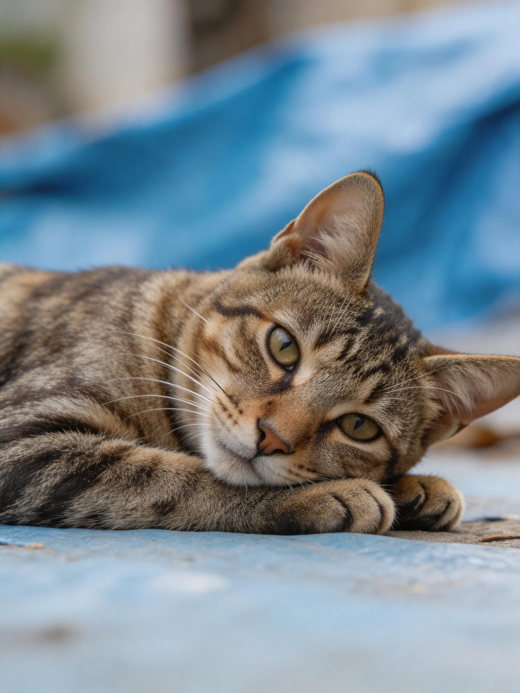 A brown tabby cat rests on a soft blue fabric surface