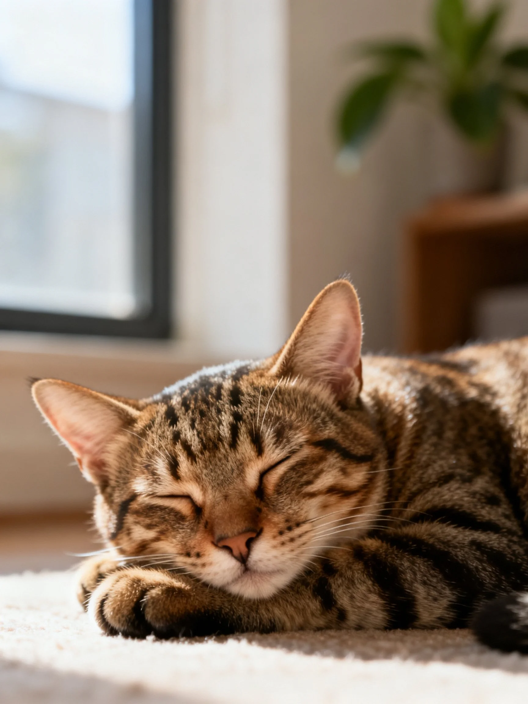A brown tabby cat rests on a soft carpet near a sunlit window.
