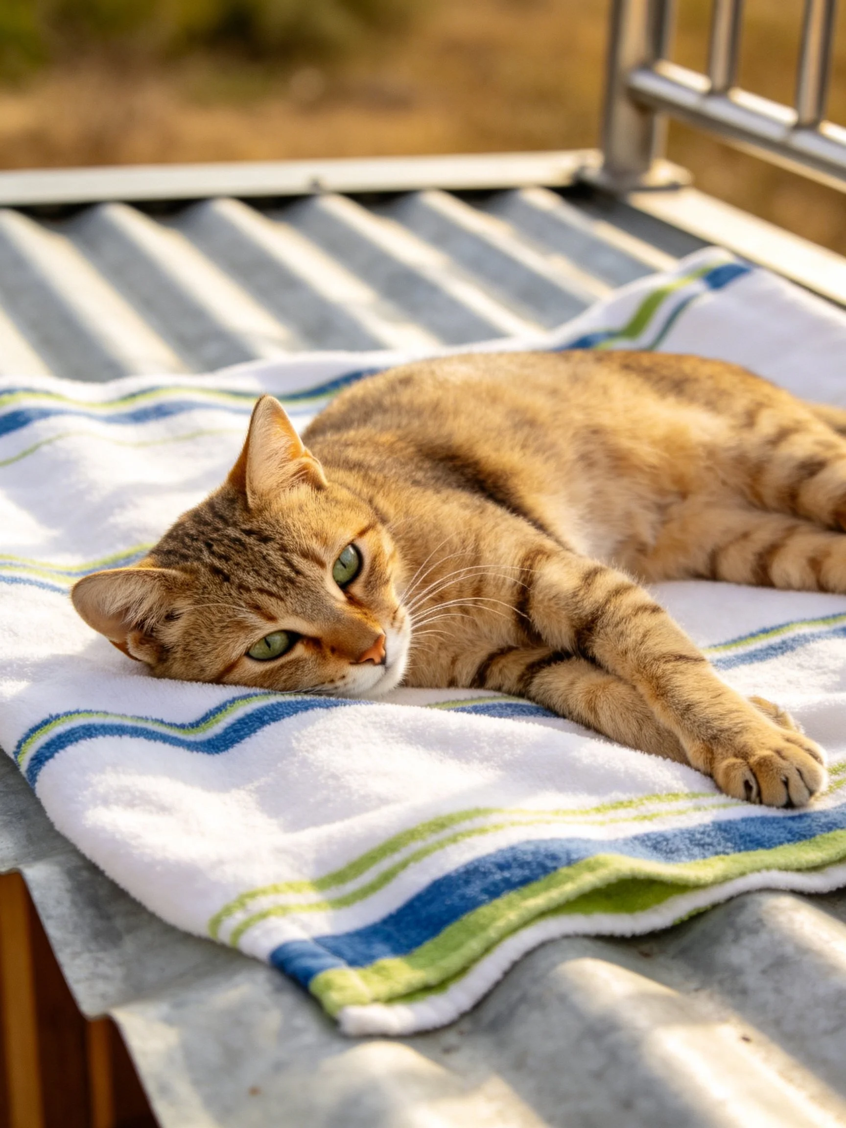 A brown tabby cat rests on a striped towel under natural light