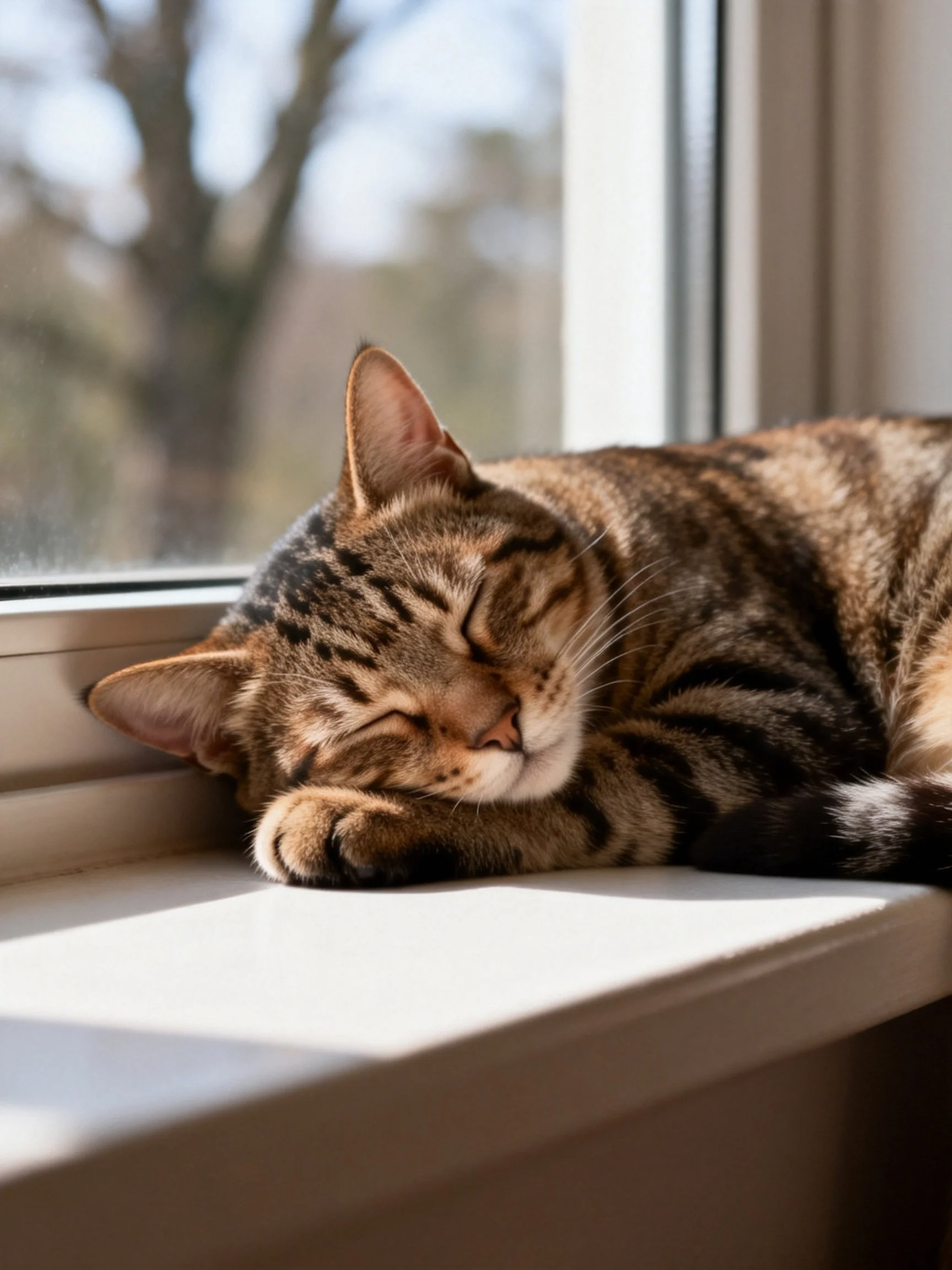 A brown tabby cat sleeps peacefully beside an open window.