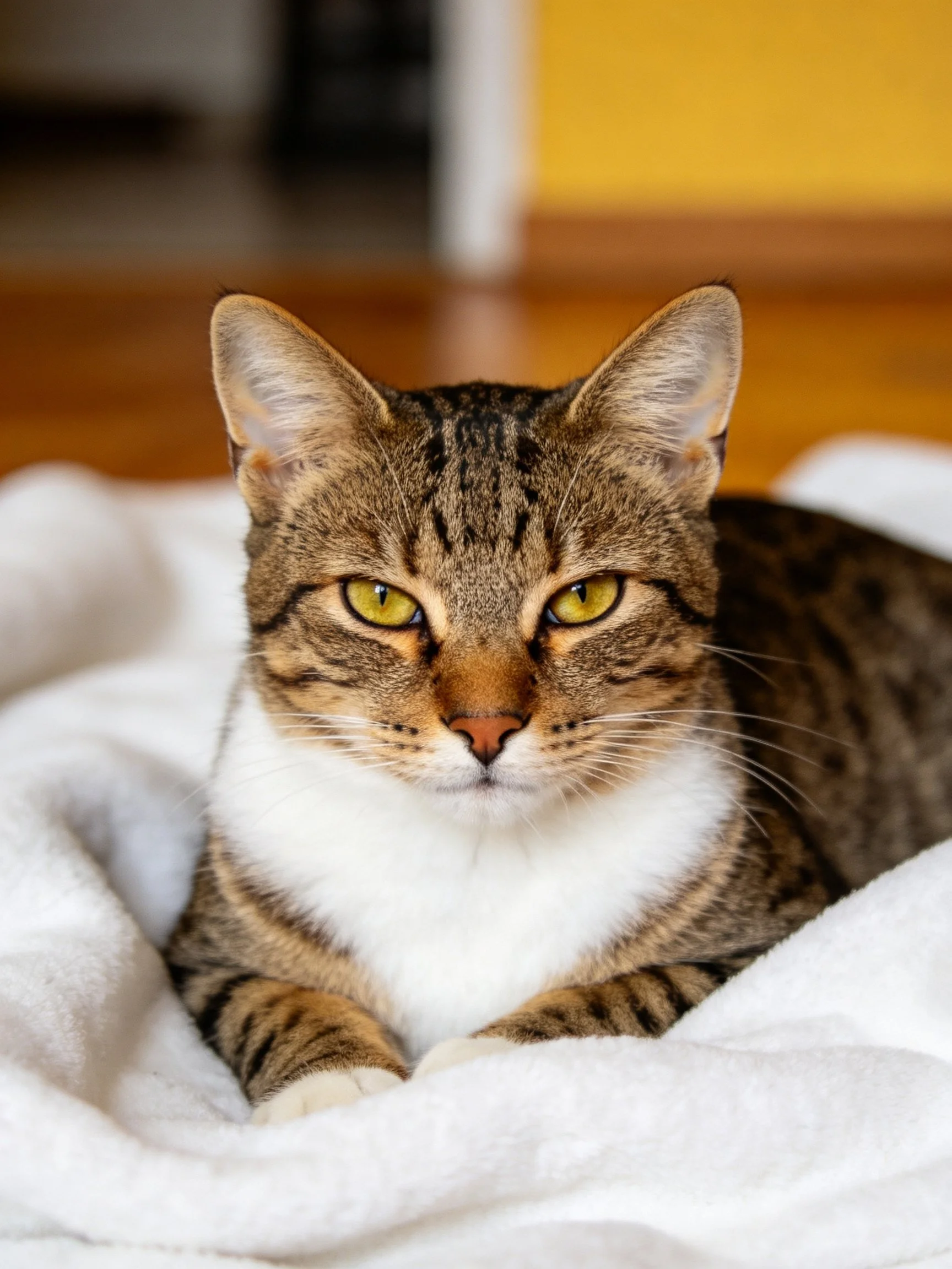 A brown tabby cat lies calmly on a white blanket in an indoor setting