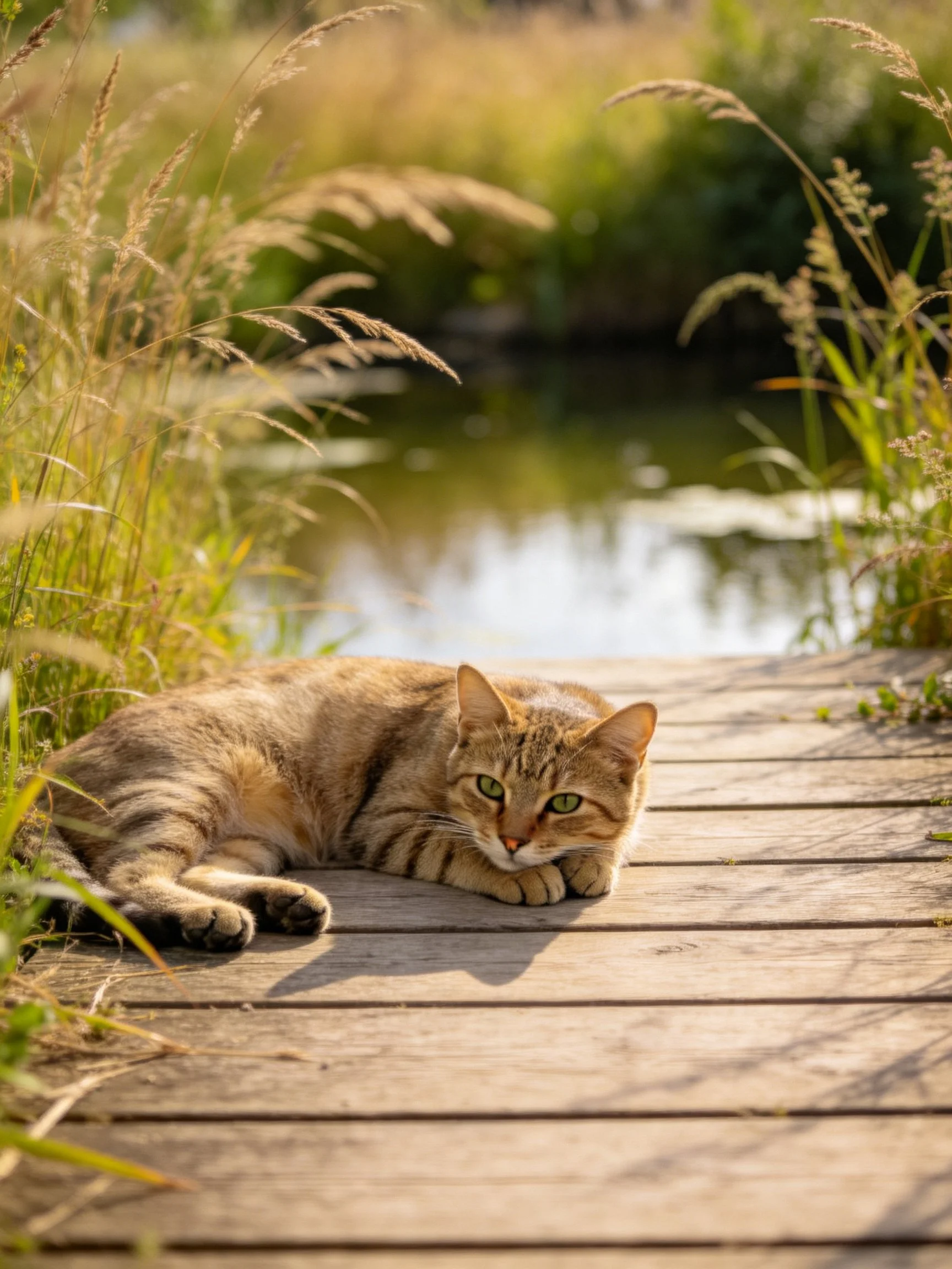 A brown tabby cat relaxes on a wooden boardwalk beside a peaceful pond.