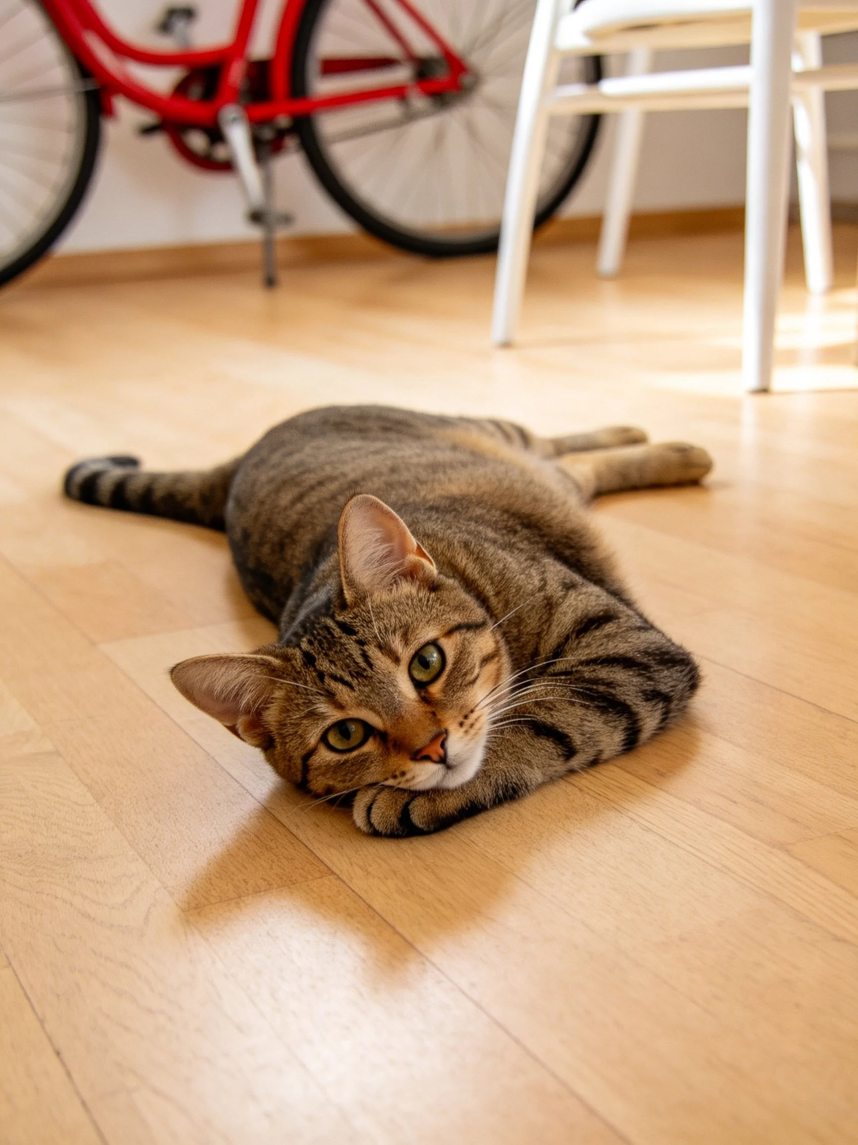 A tabby cat relaxes on a wooden floor beside a red bicycle