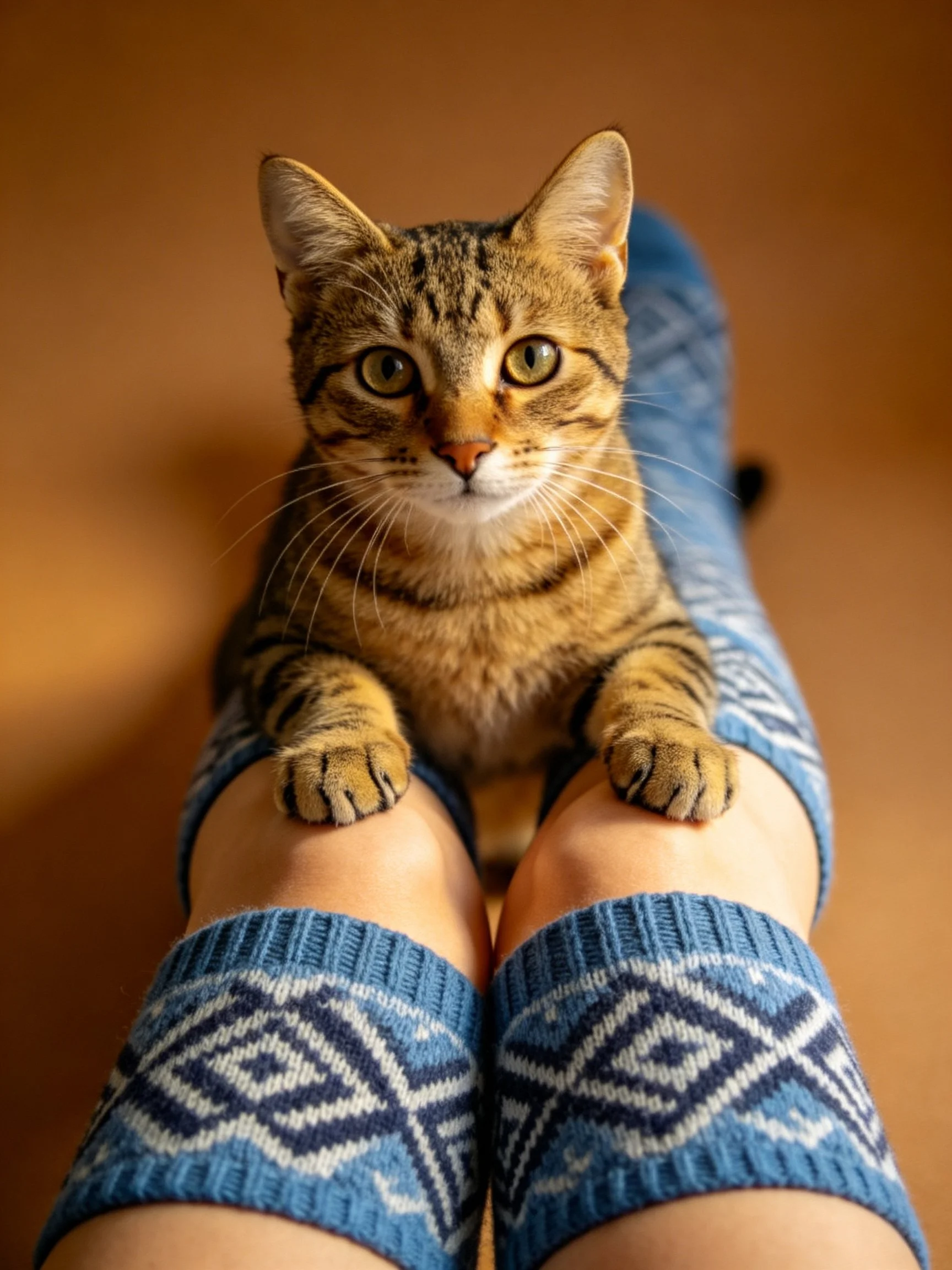 A brown tabby cat rests on blue patterned knee-high socks