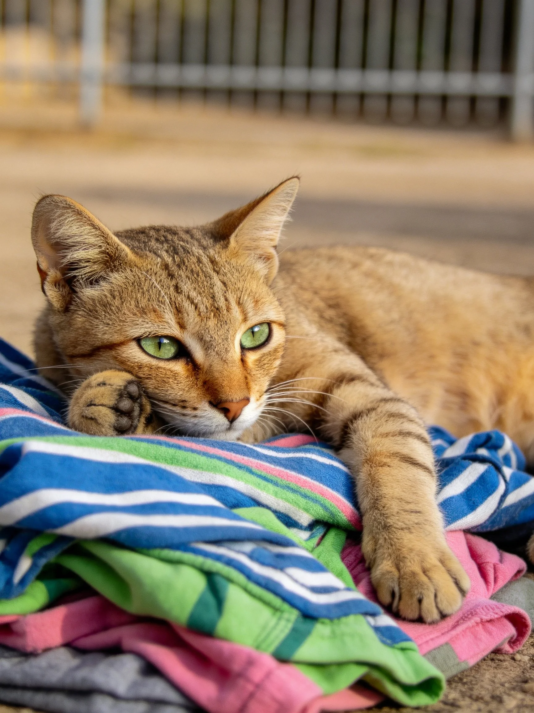 A brown tabby cat relaxes on colorful fabric in an outdoor area.