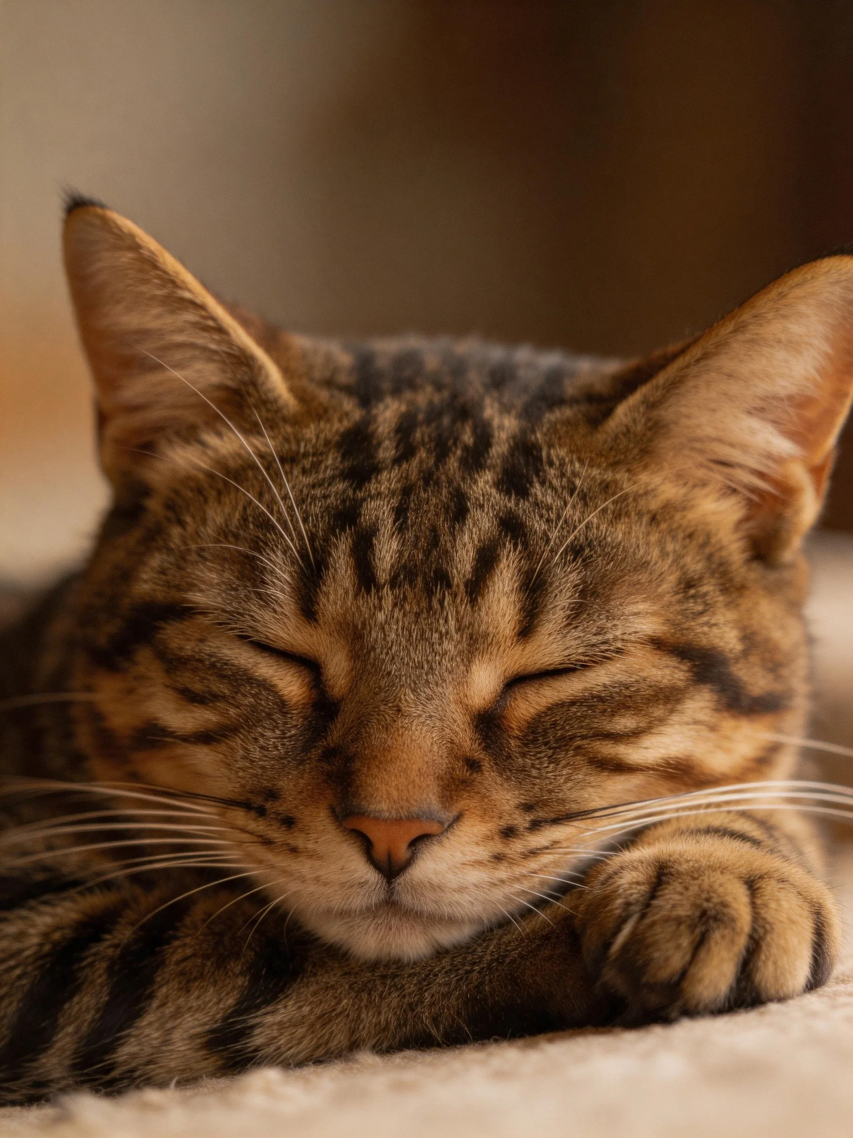 A brown tabby cat rests peacefully with closed eyes
