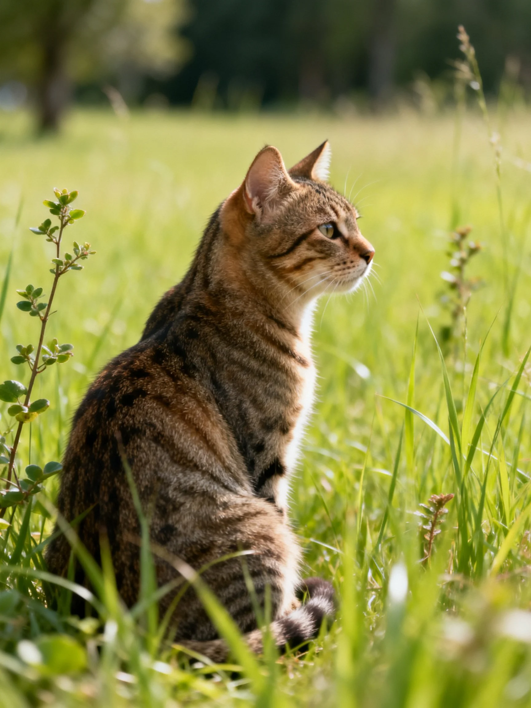 A brown tabby cat sits alertly among tall green grass