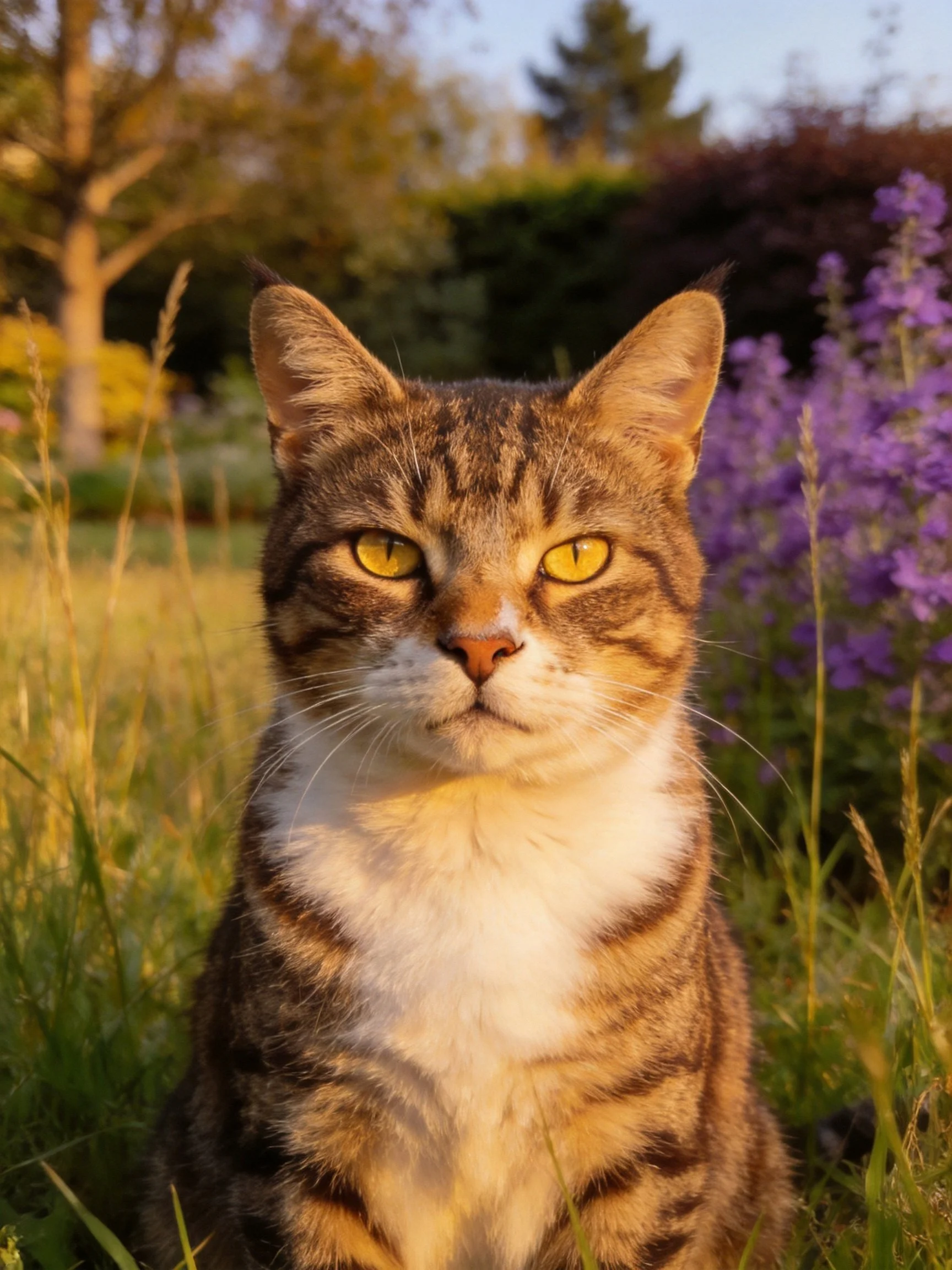 A brown tabby cat sits calmly among tall grass and purple flowers in a sunlit garden.