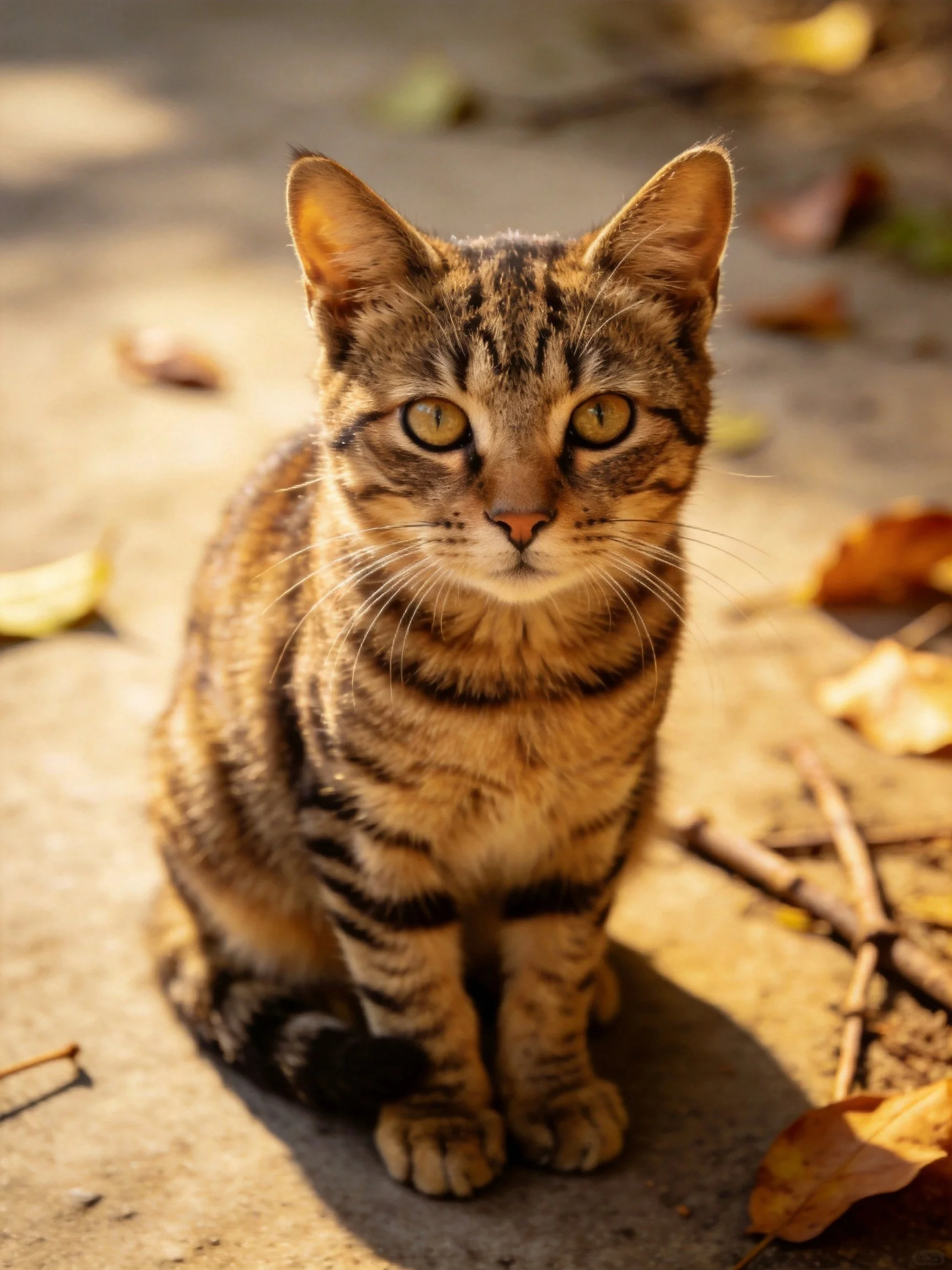 A brown tabby cat sits among autumn leaves on a concrete surface