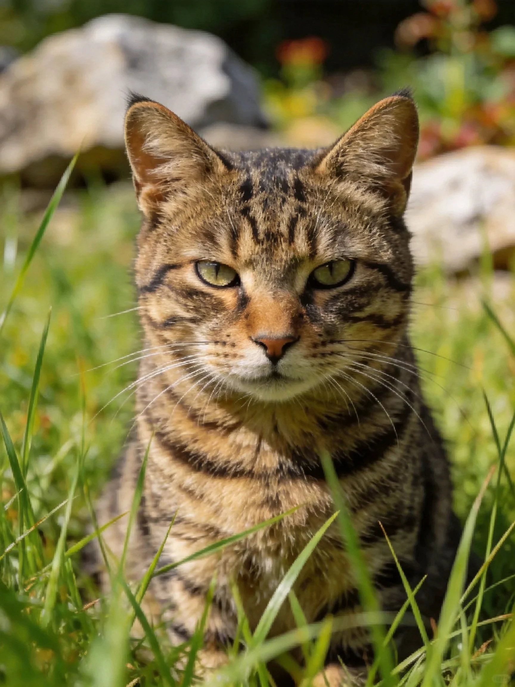 A brown tabby cat sits among tall green grass near large stones