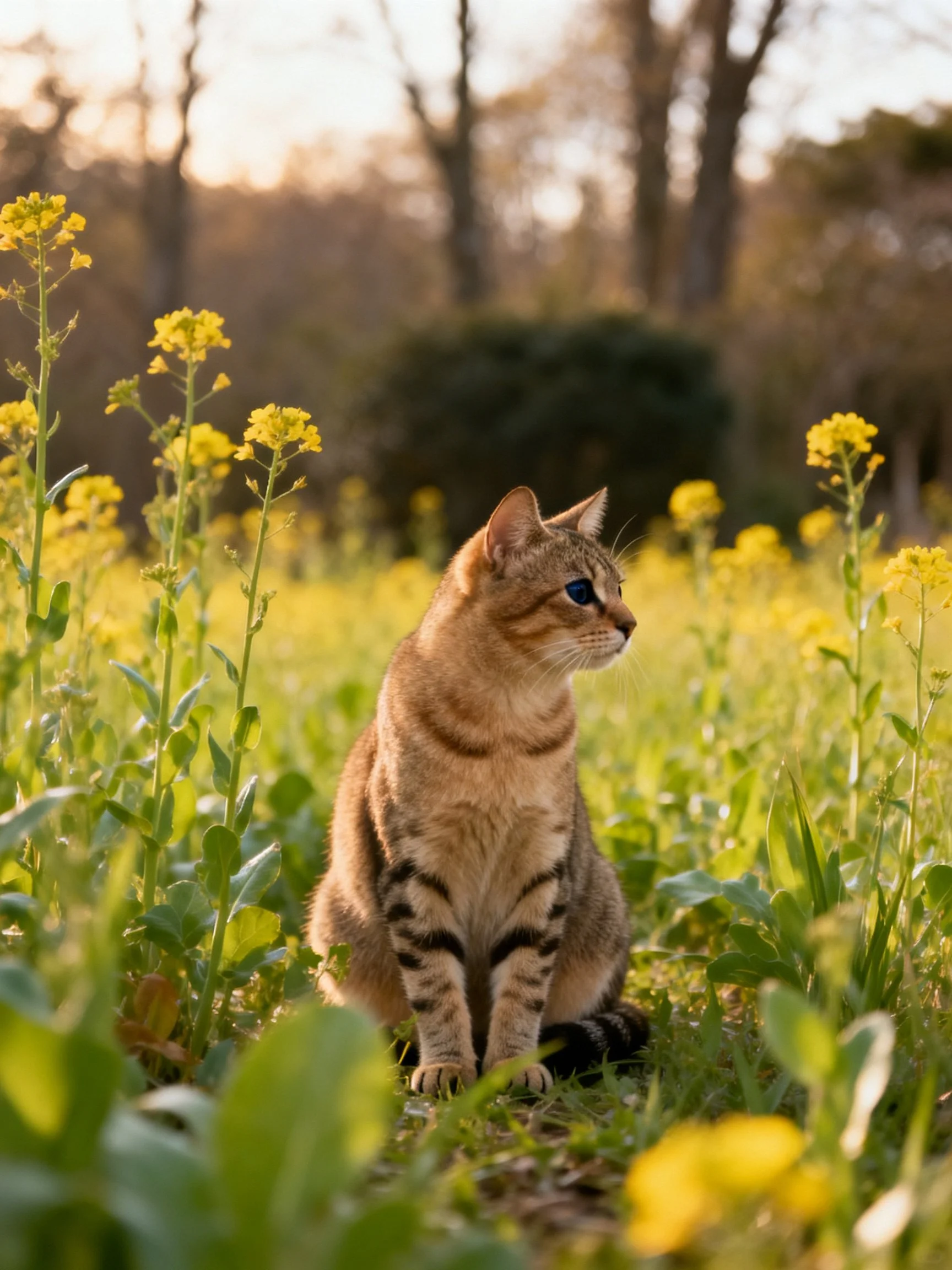 A brown tabby cat sits among yellow wildflowers near tall trees