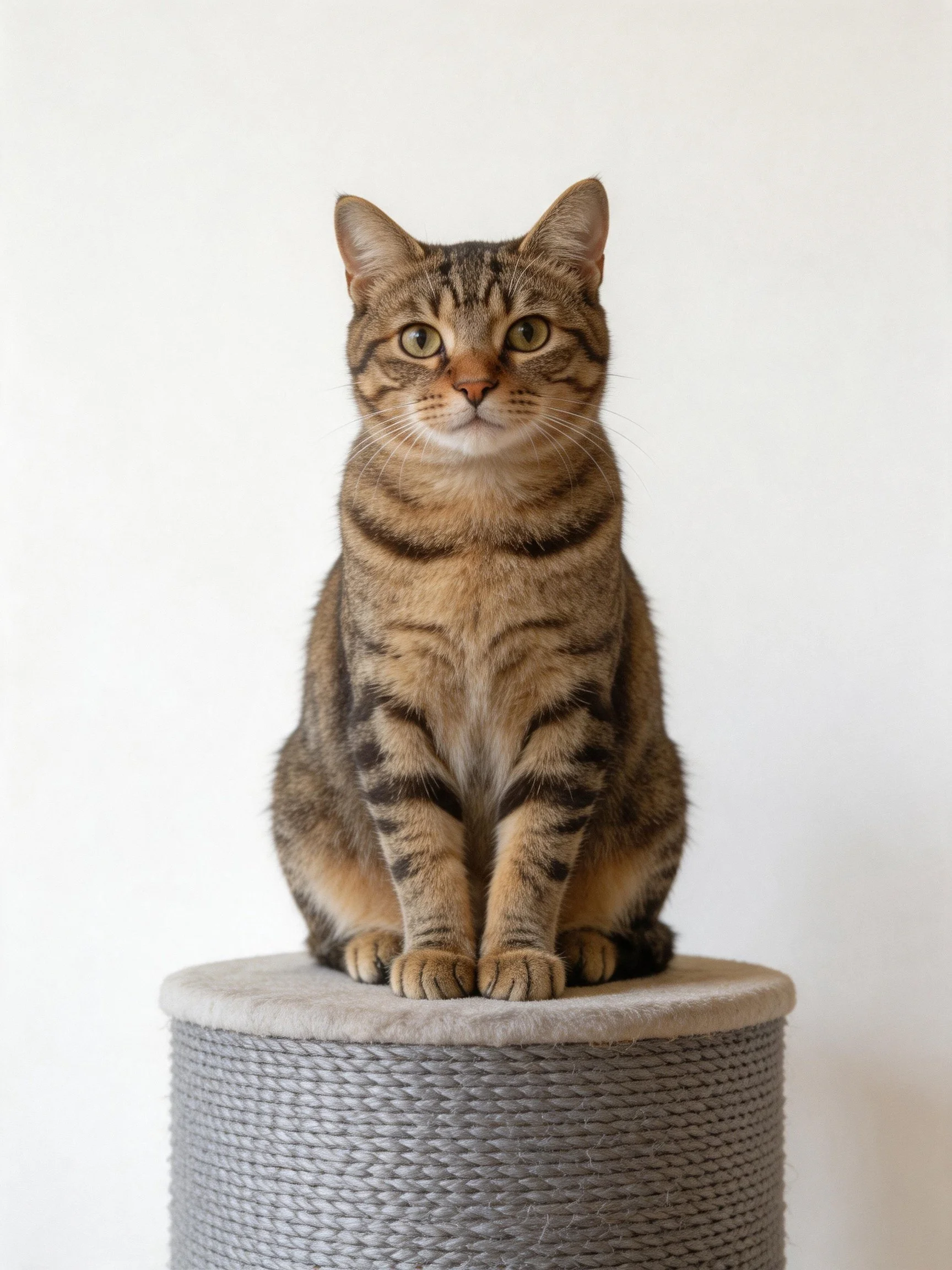 A brown tabby cat sits atop a gray woven scratching post