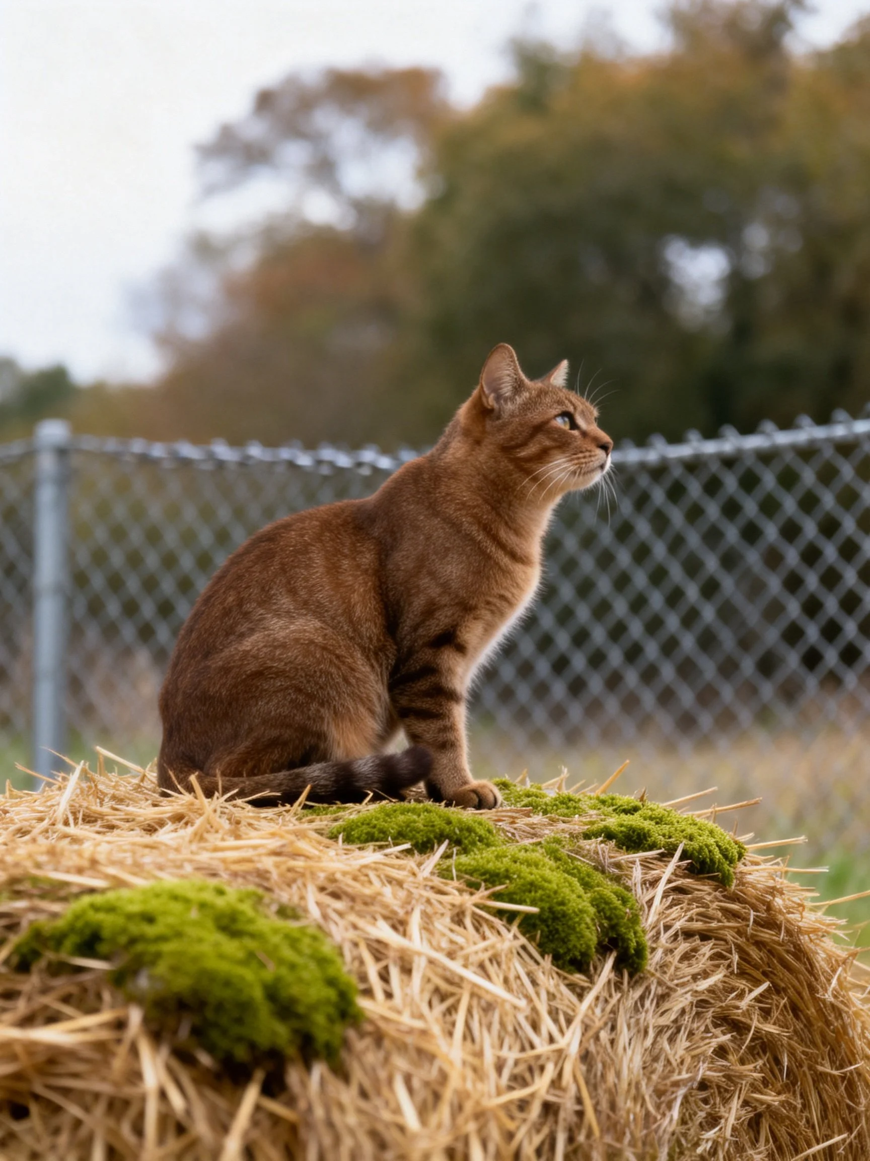 A brown tabby cat sits atop a moss-covered hay bale near a chain-link fence