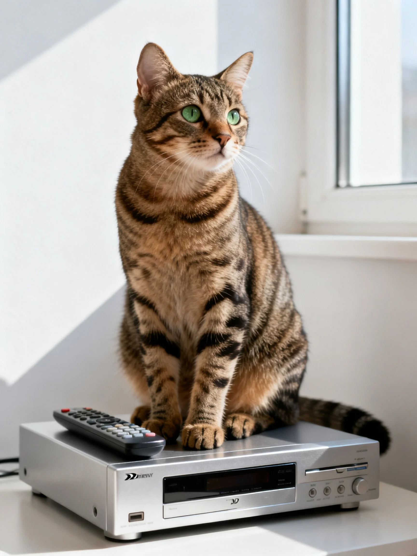 A brown tabby cat sits atop a silver electronic device near a window.