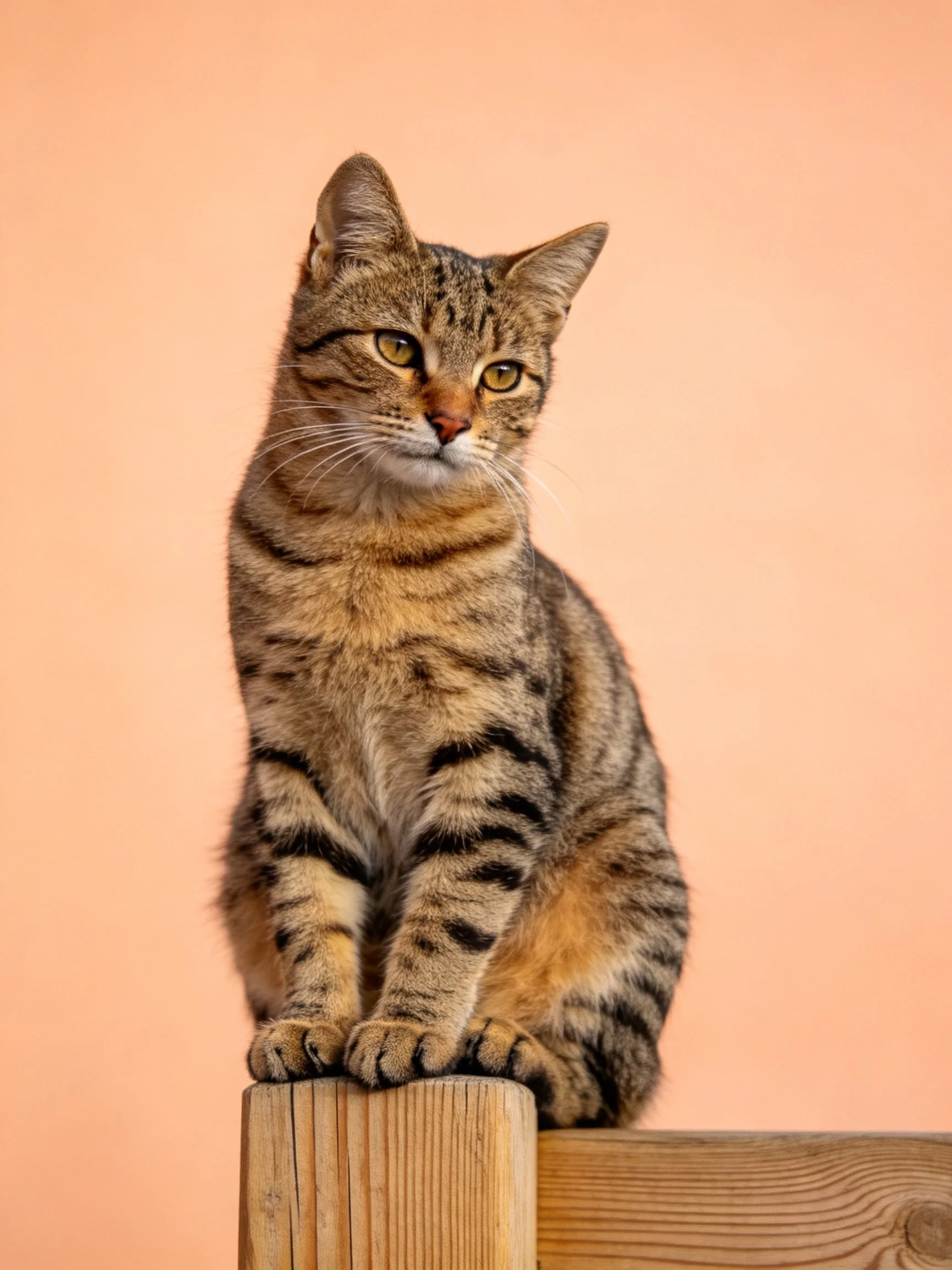 A brown tabby cat sits atop a wooden post against an orange background