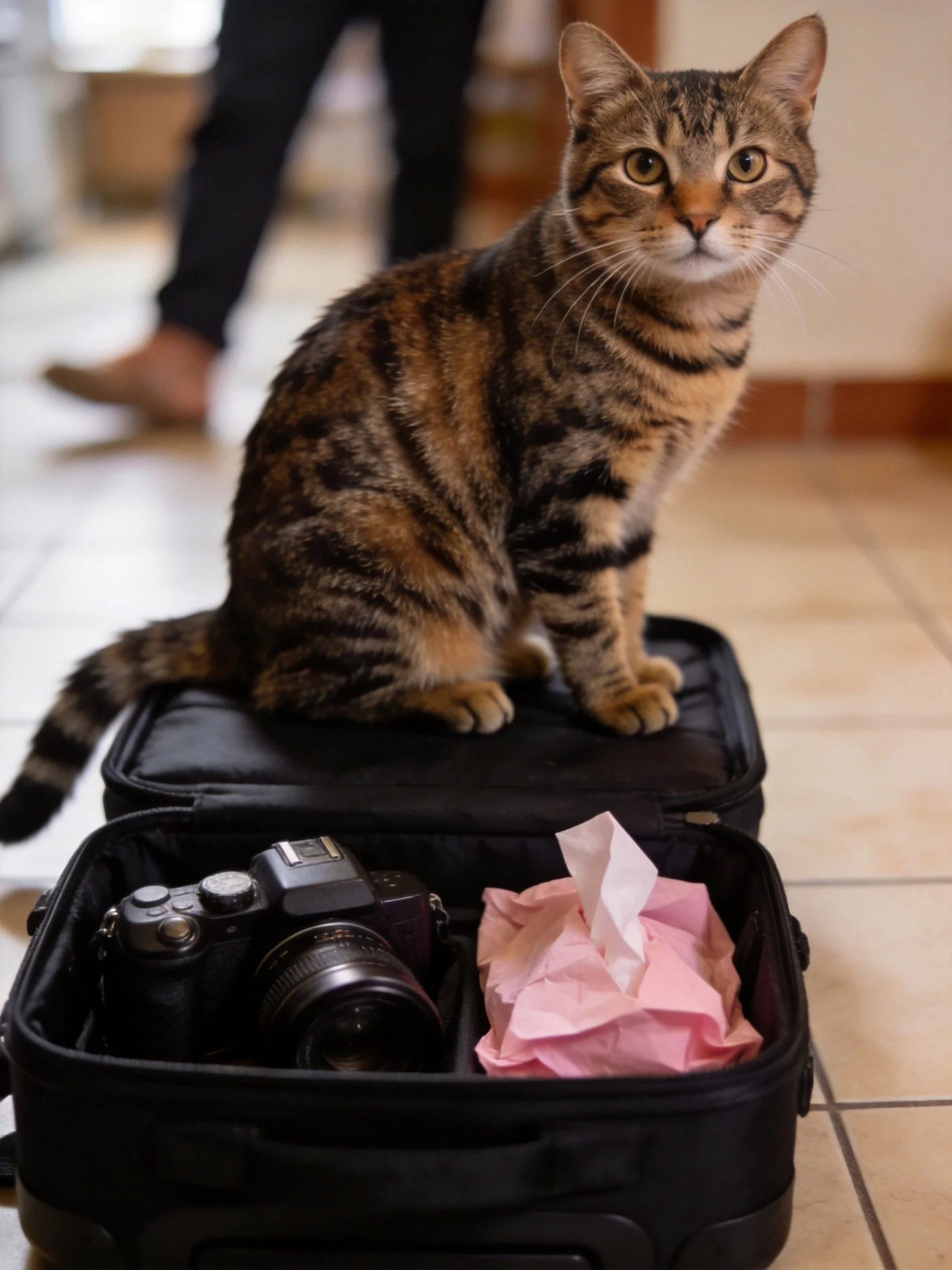 A brown tabby cat sits atop an open black suitcase with a camera and pink tissues.