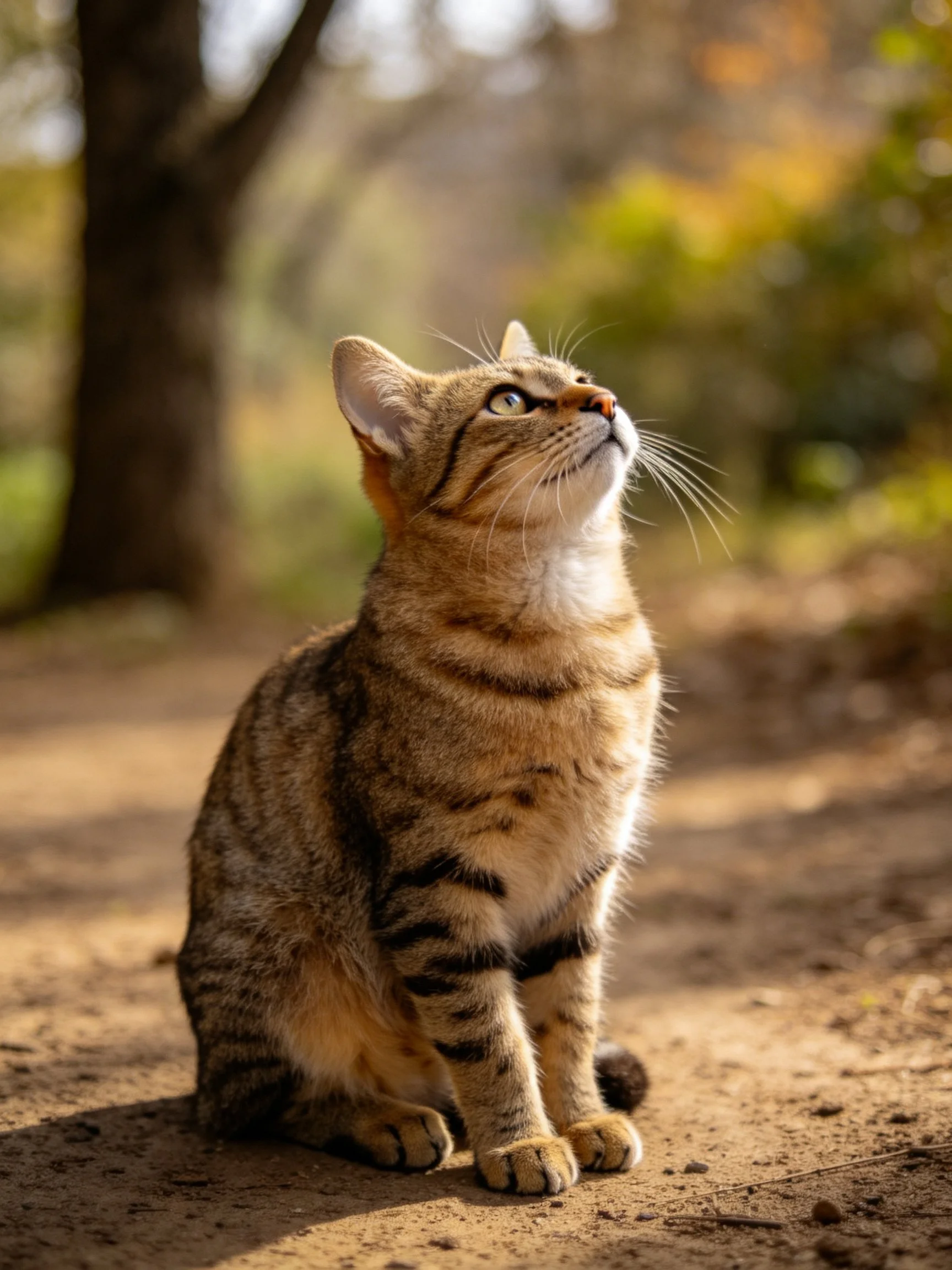 A brown tabby cat sits attentively on a sunlit dirt path