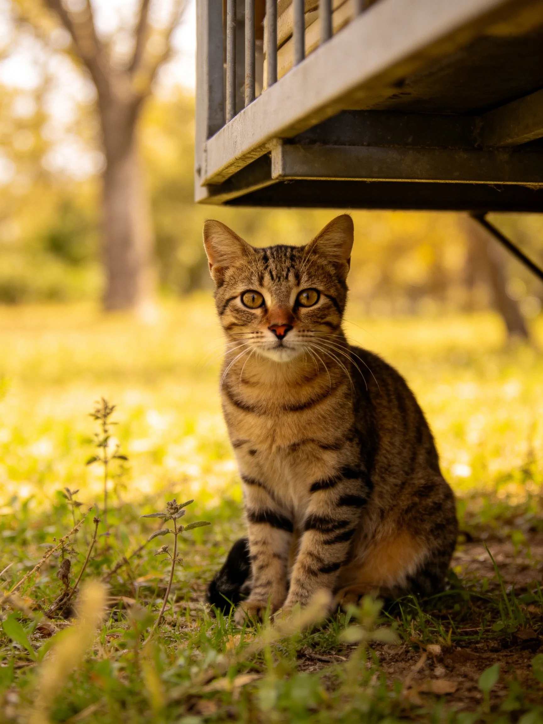 A brown tabby cat sits beneath a structure in a sunlit meadow