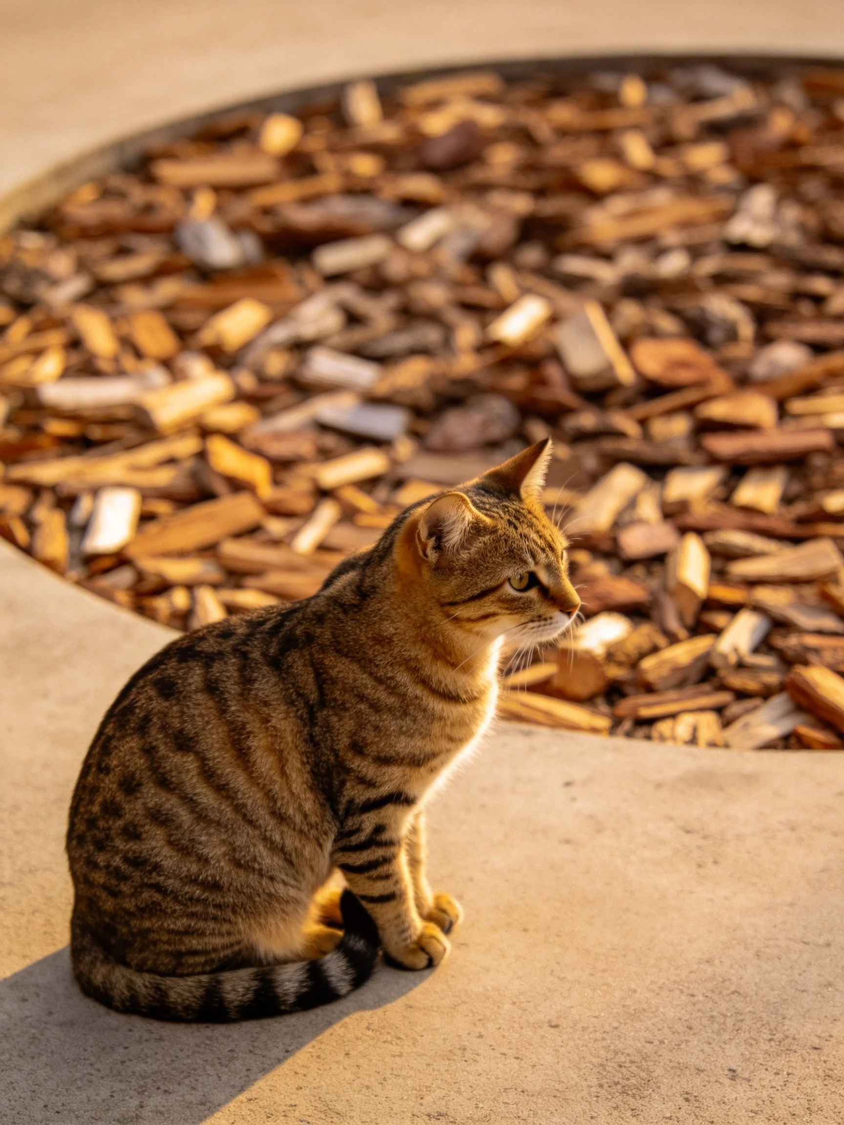 A brown tabby cat sits near a bed of wood chips outdoors.