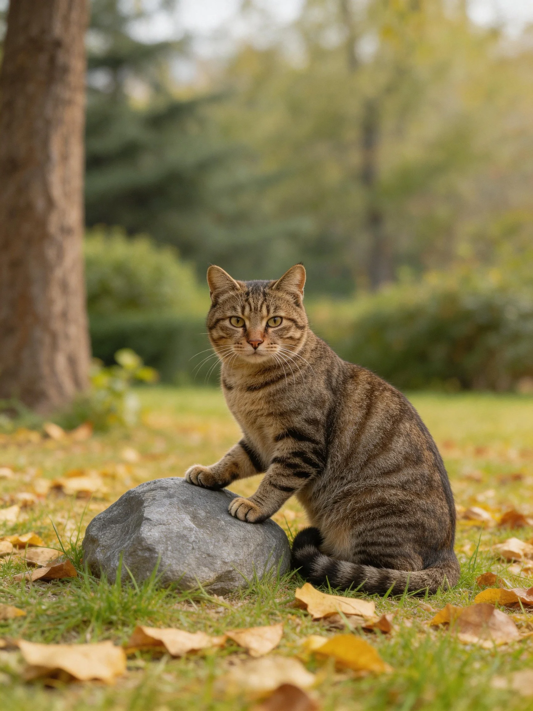 A brown tabby cat rests near a gray stone in a leaf-covered outdoor area.