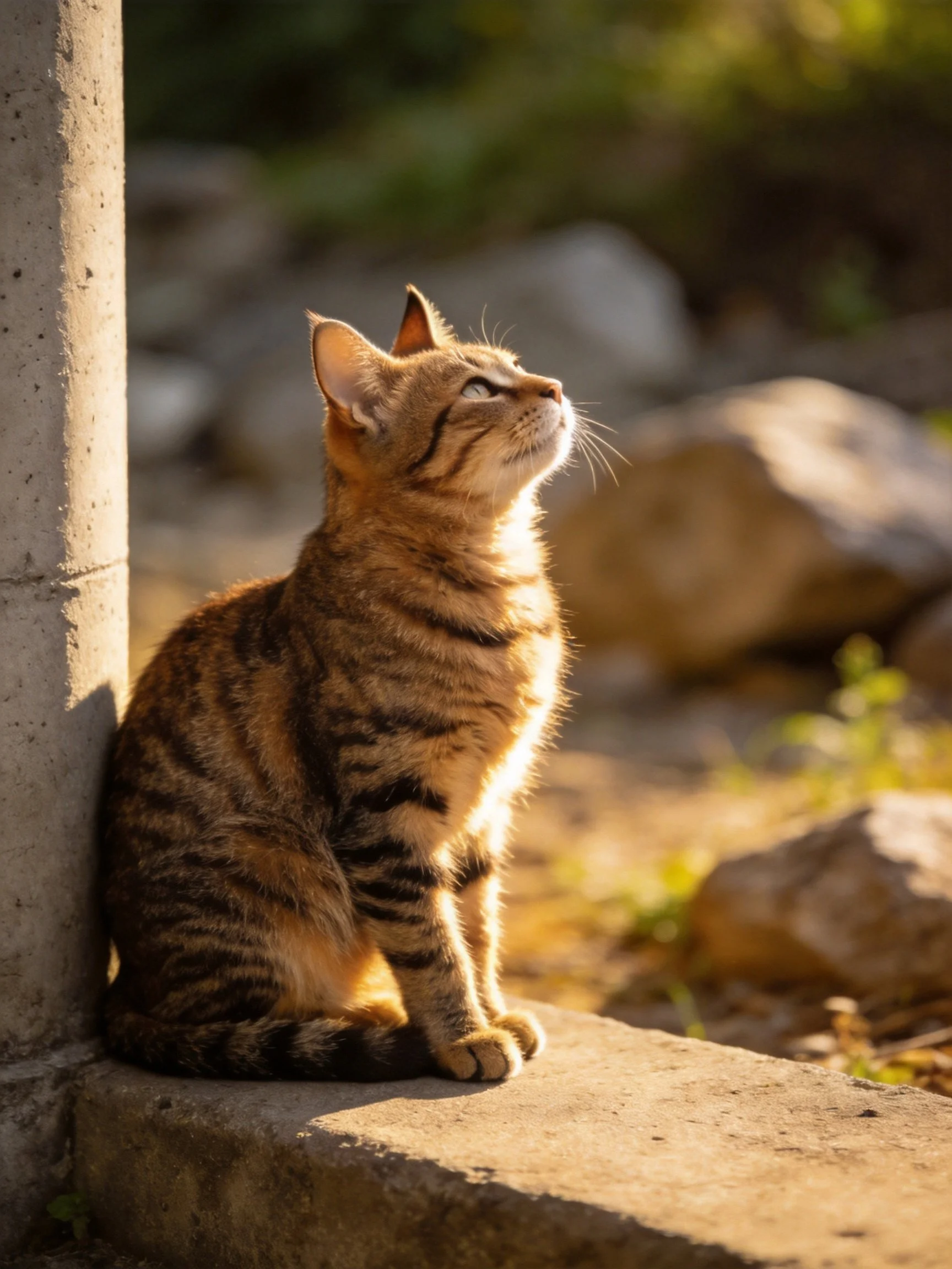 A brown tabby cat sits by a concrete column in golden sunlight