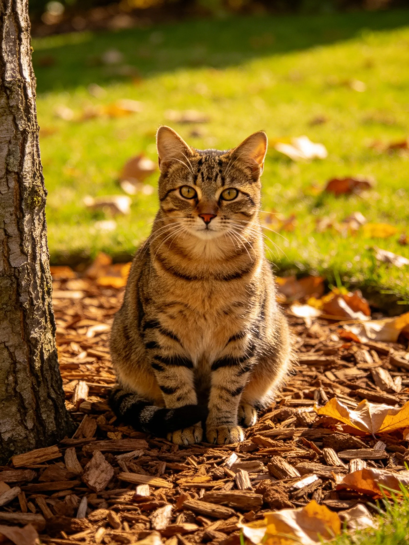 A brown tabby cat sits calmly near a tree in an autumnal outdoor space.