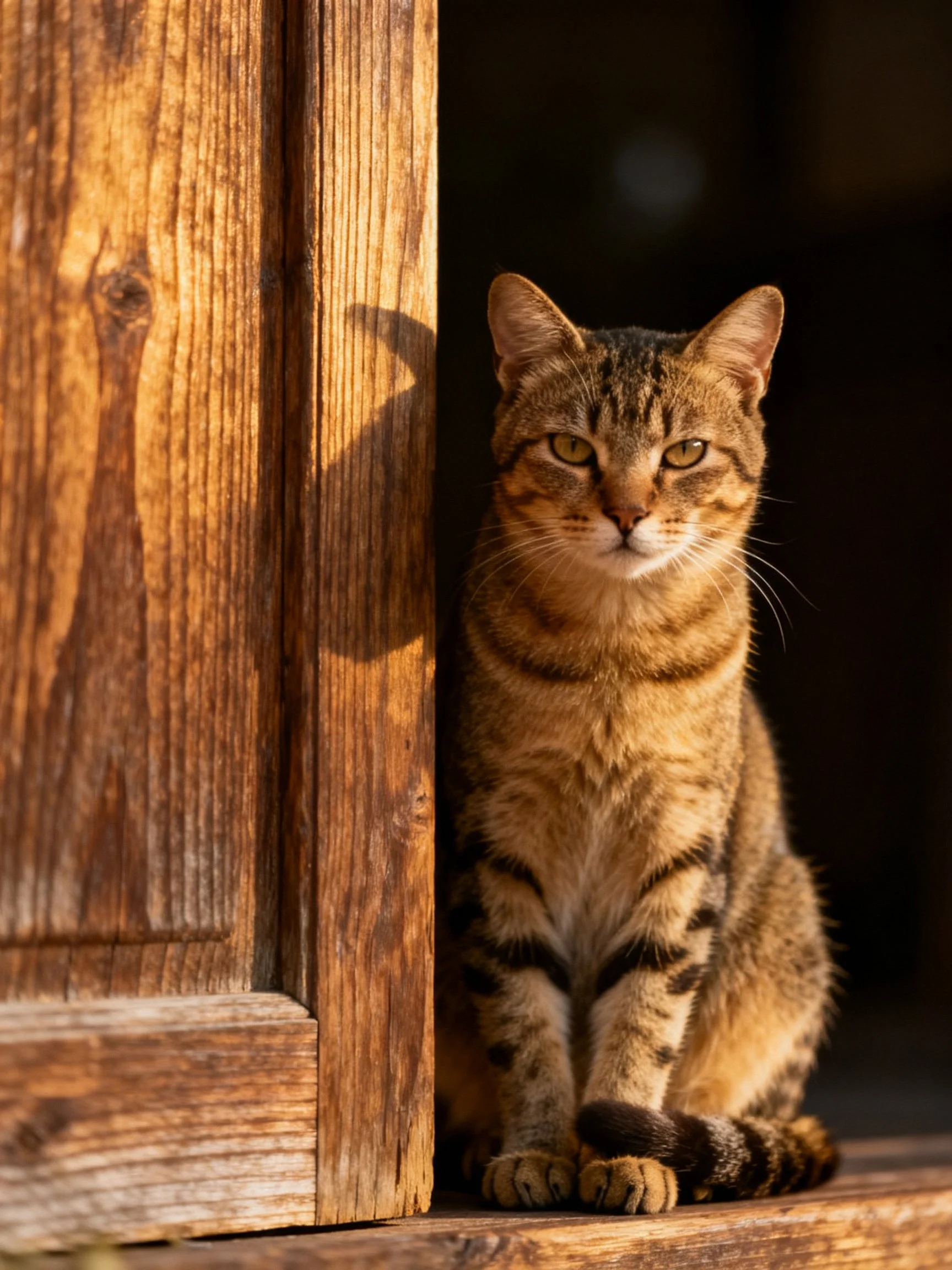 A brown tabby cat sits by an aged wooden doorway
