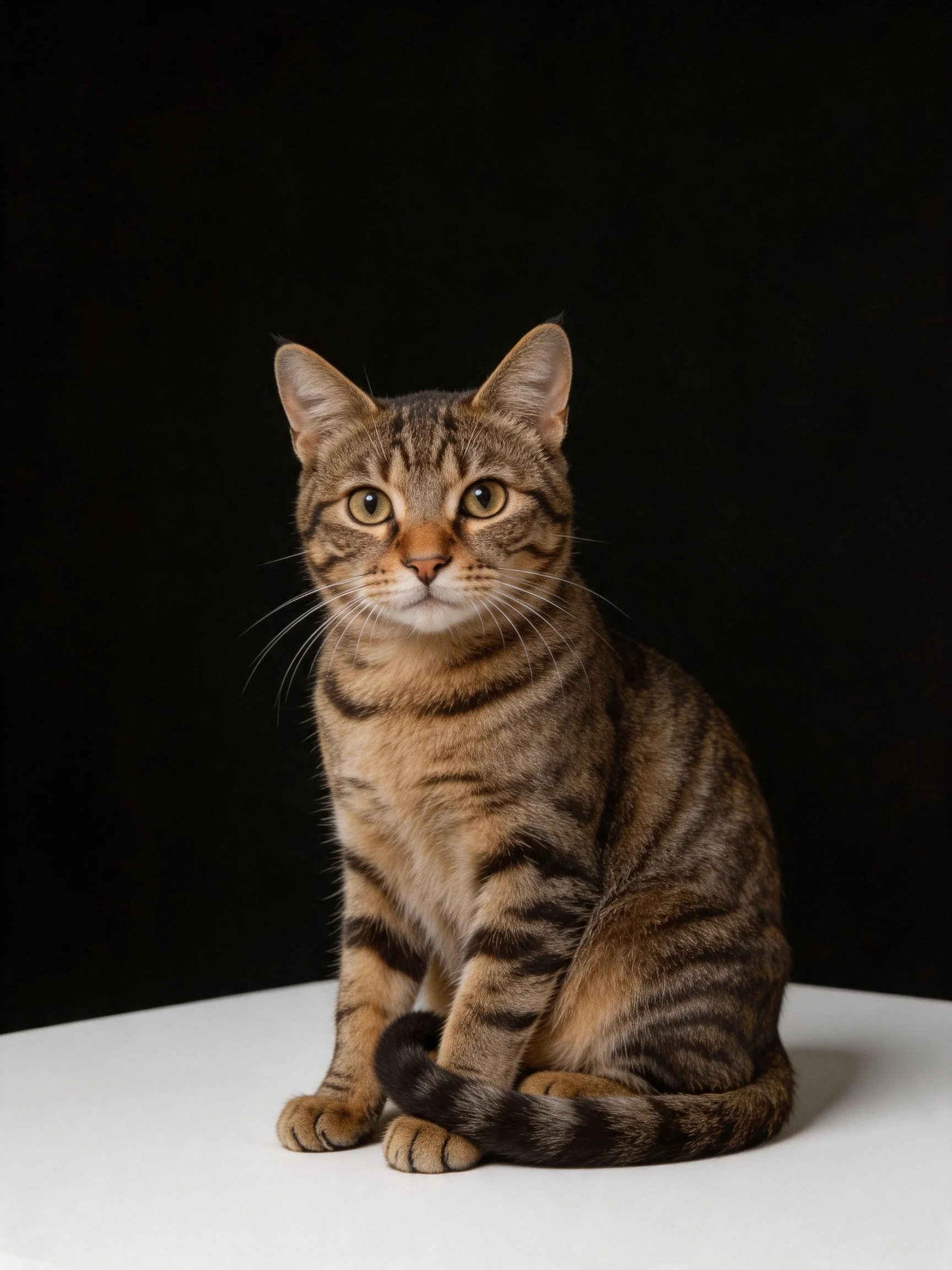 A brown tabby cat sits calmly on a white surface with a black backdrop