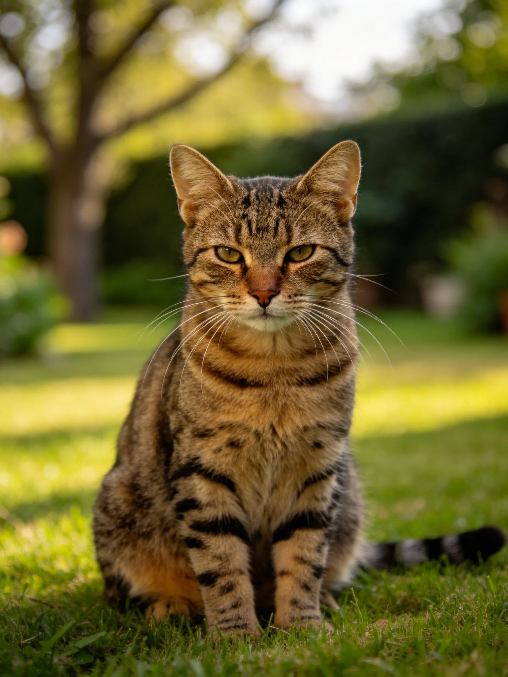 A brown tabby cat sits calmly on green grass in a sunlit garden