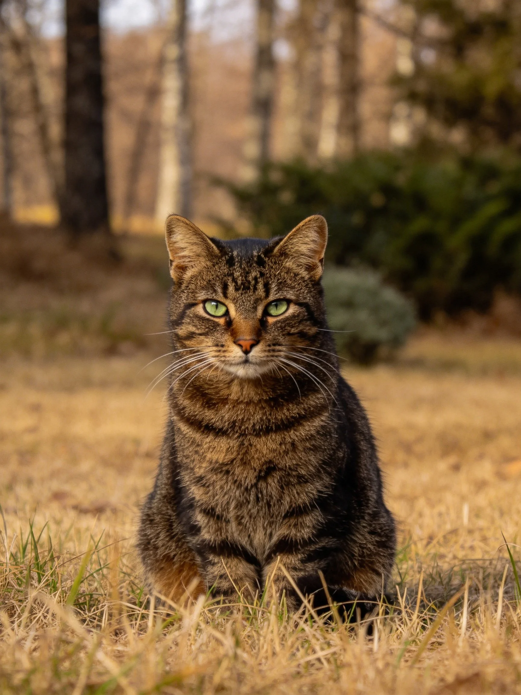 A brown tabby cat sits in an autumnal forest clearing