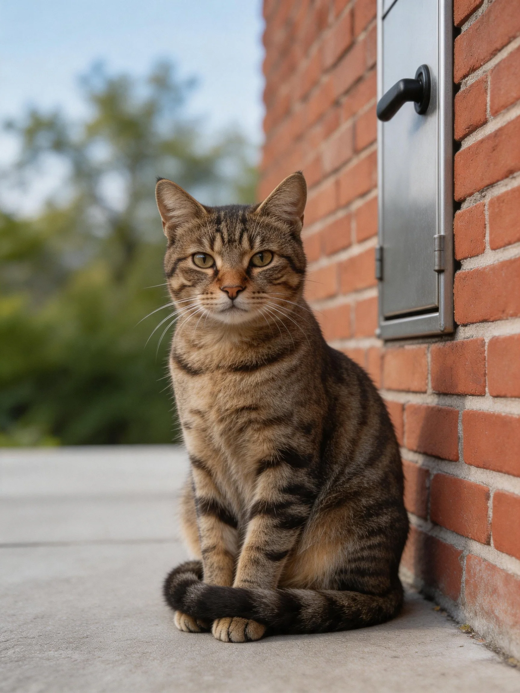 A brown tabby cat sits calmly by a red brick wall
