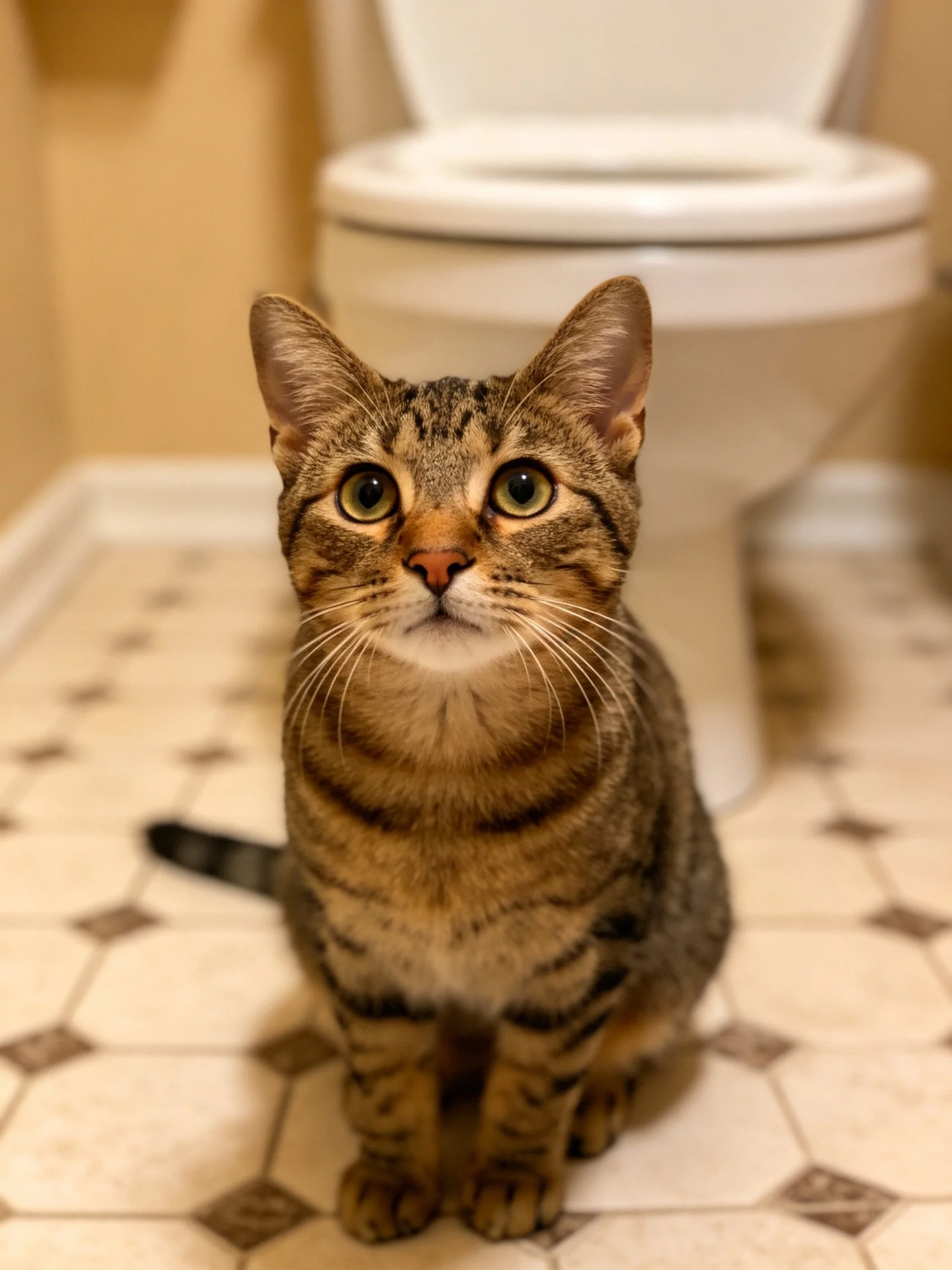 A brown tabby cat sits near a toilet in a bathroom with tiled flooring.