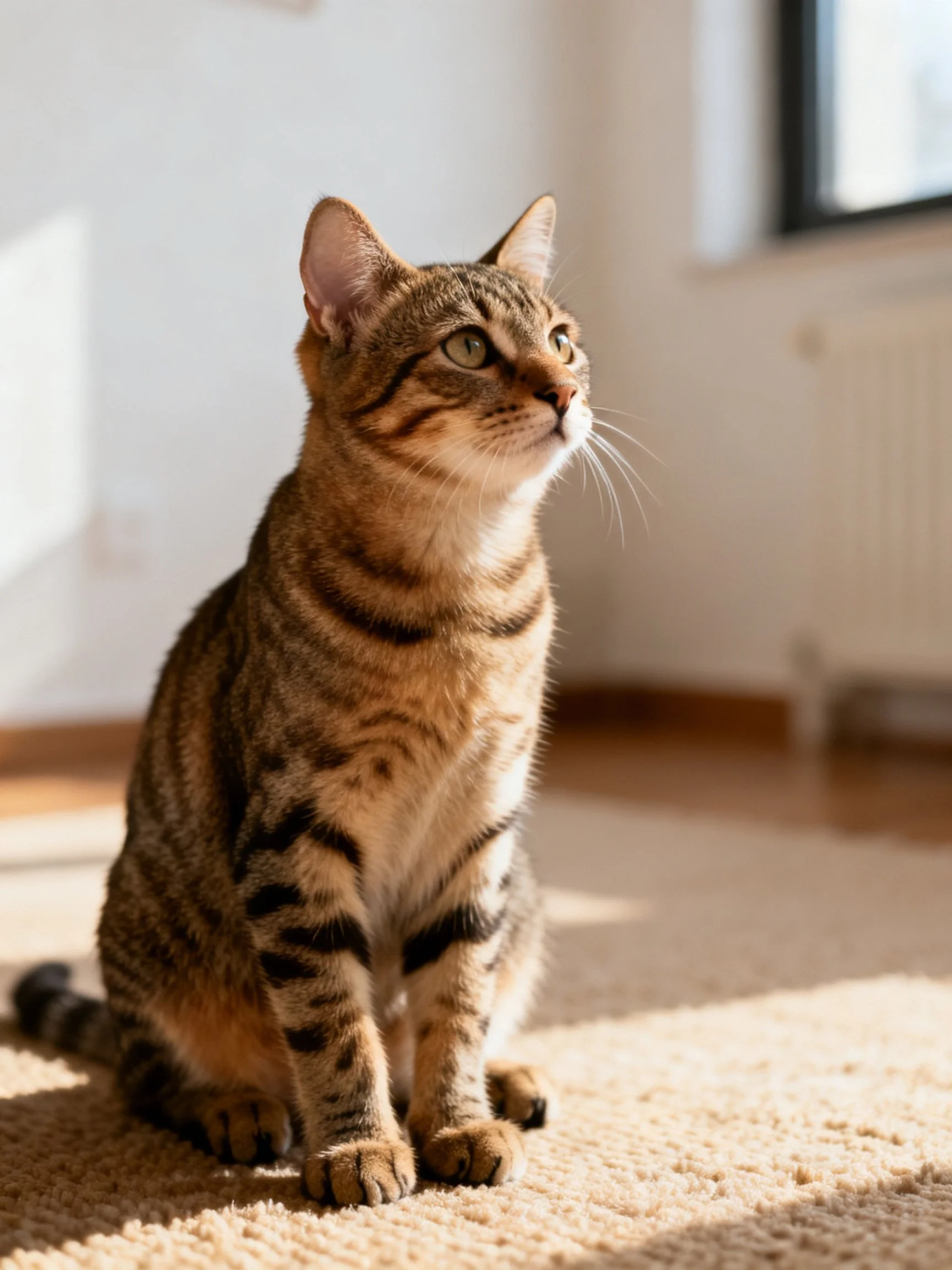 A brown tabby cat sits on a beige carpet in a sunlit room