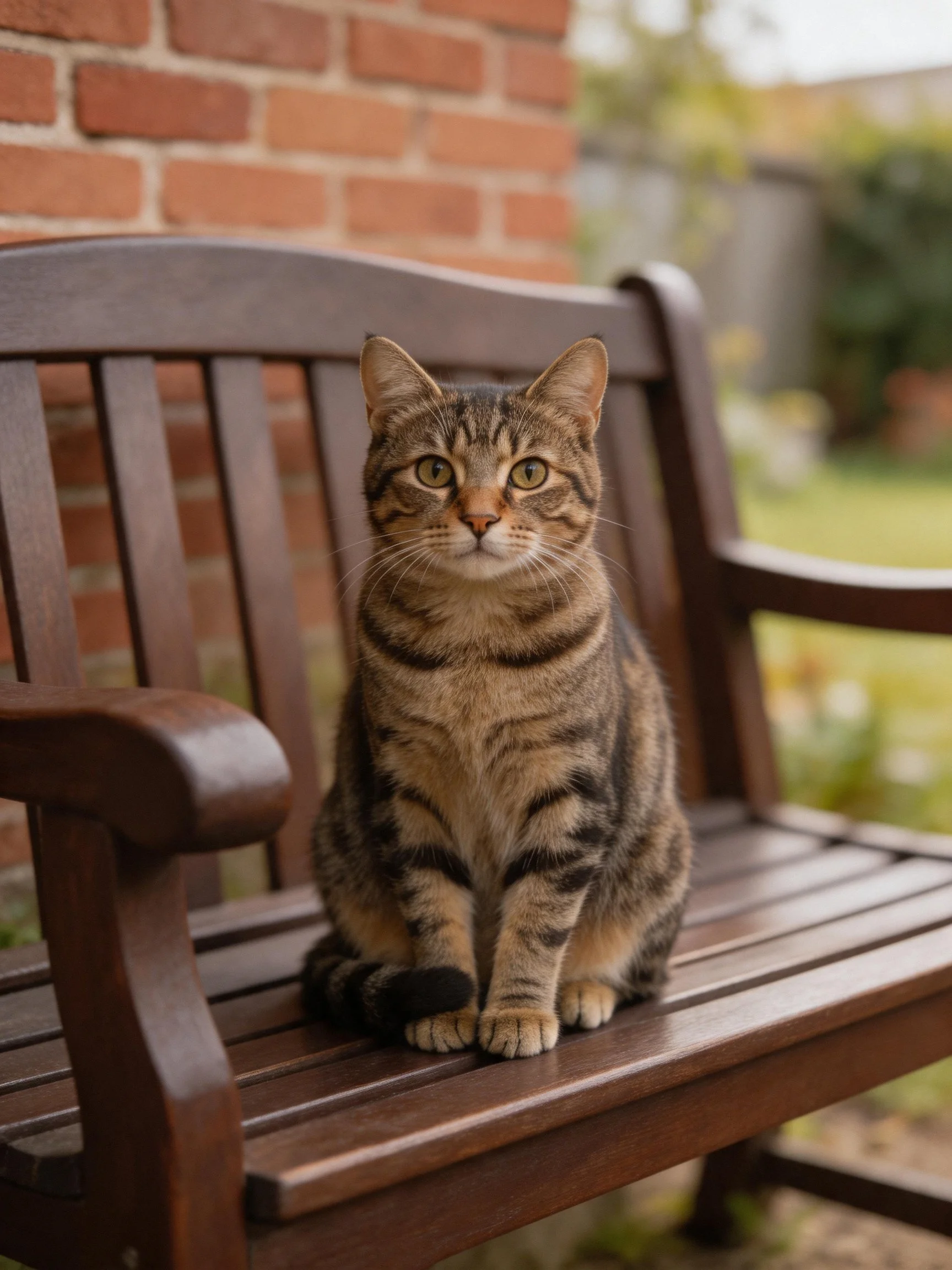 A brown tabby cat sits on a dark wooden bench near a brick wall