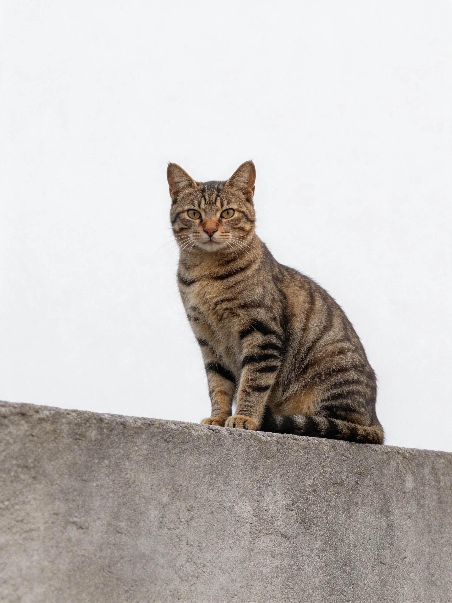 A brown tabby cat sits on a gray concrete surface