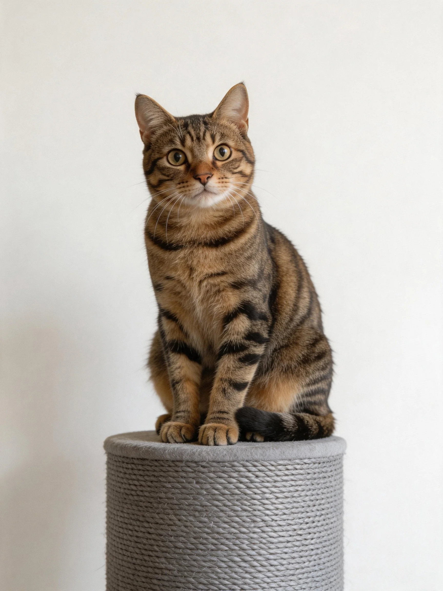 A brown tabby cat sits on a gray woven cylinder