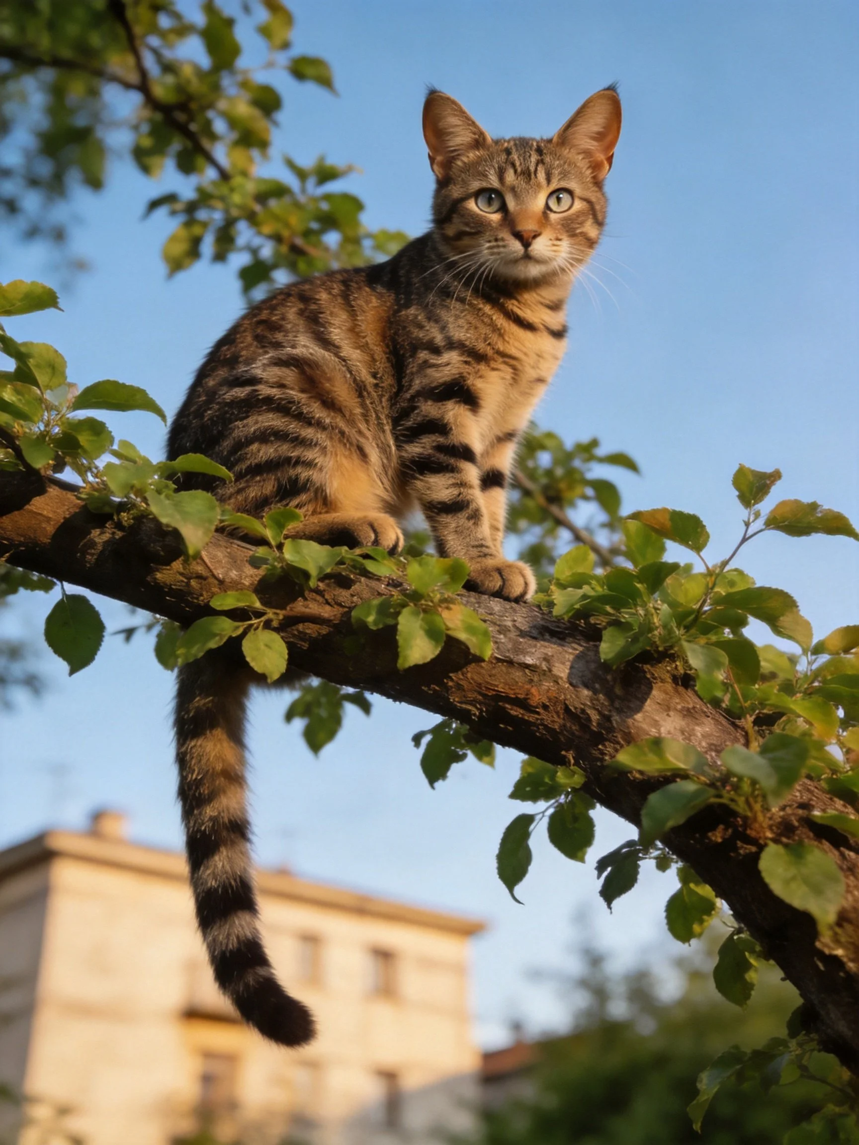 A brown tabby cat sits on a leafy tree branch with a building nearby