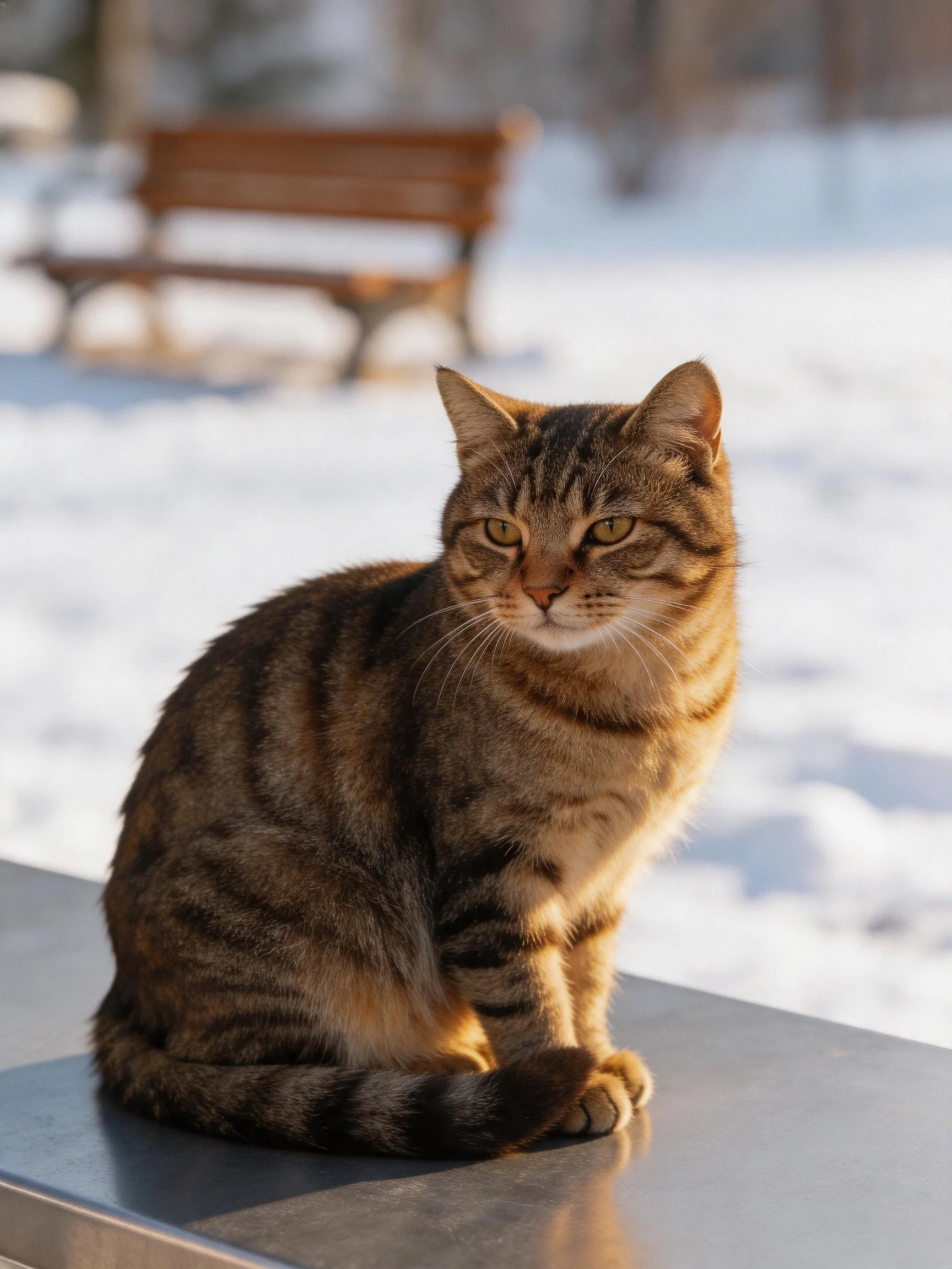 A brown tabby cat sits on a metal surface with snowy surroundings