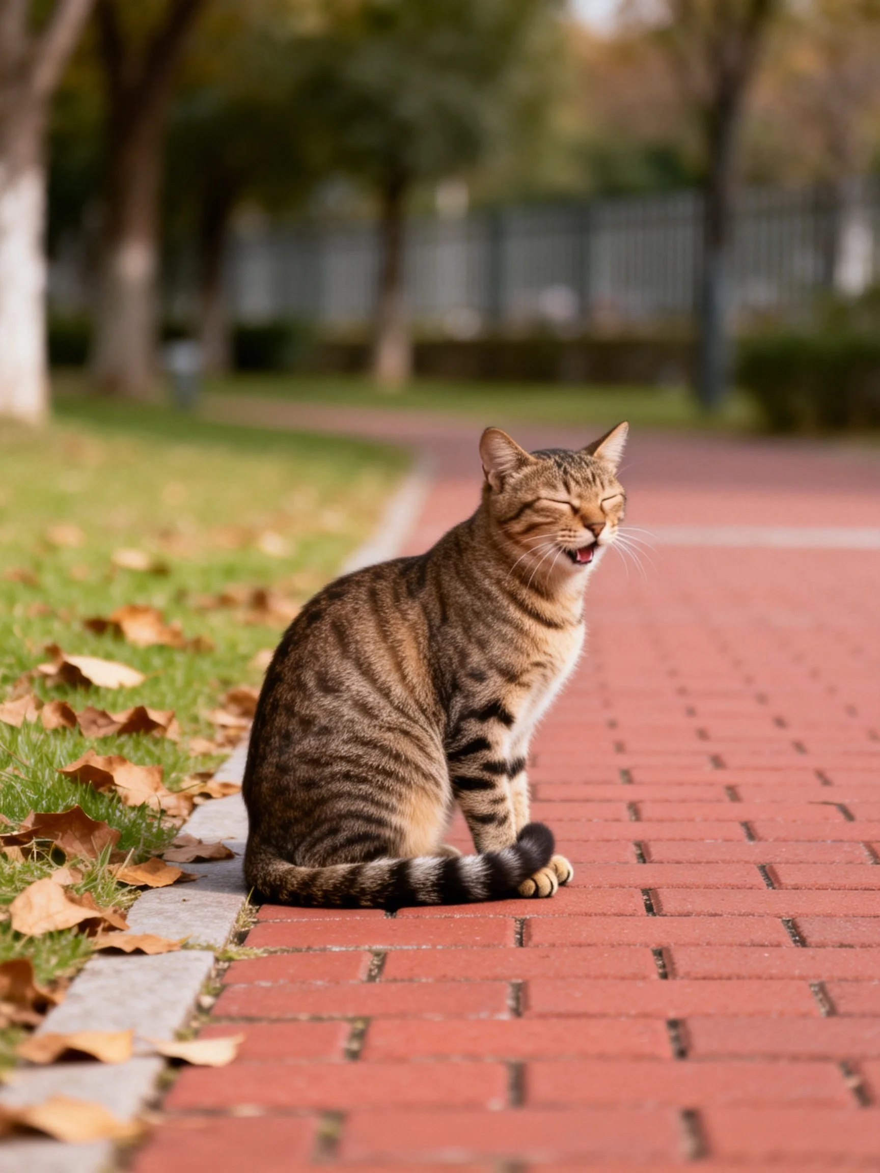 A brown tabby cat sits on a red brick pathway near fallen leaves