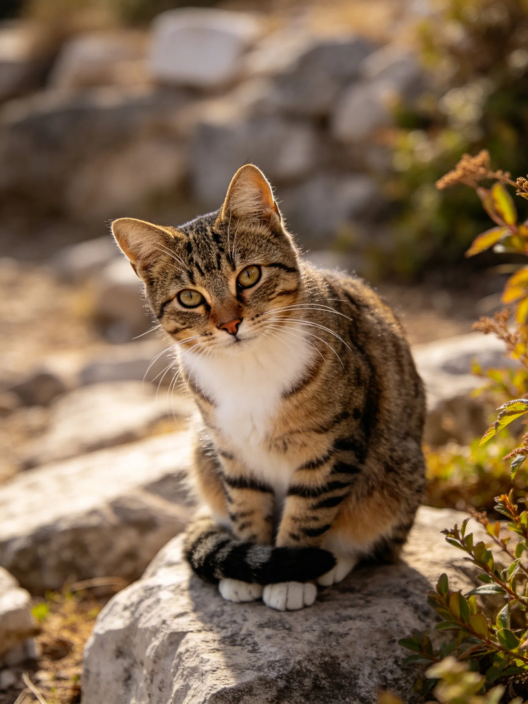 A brown tabby cat sits on a rock among rocks and plants
