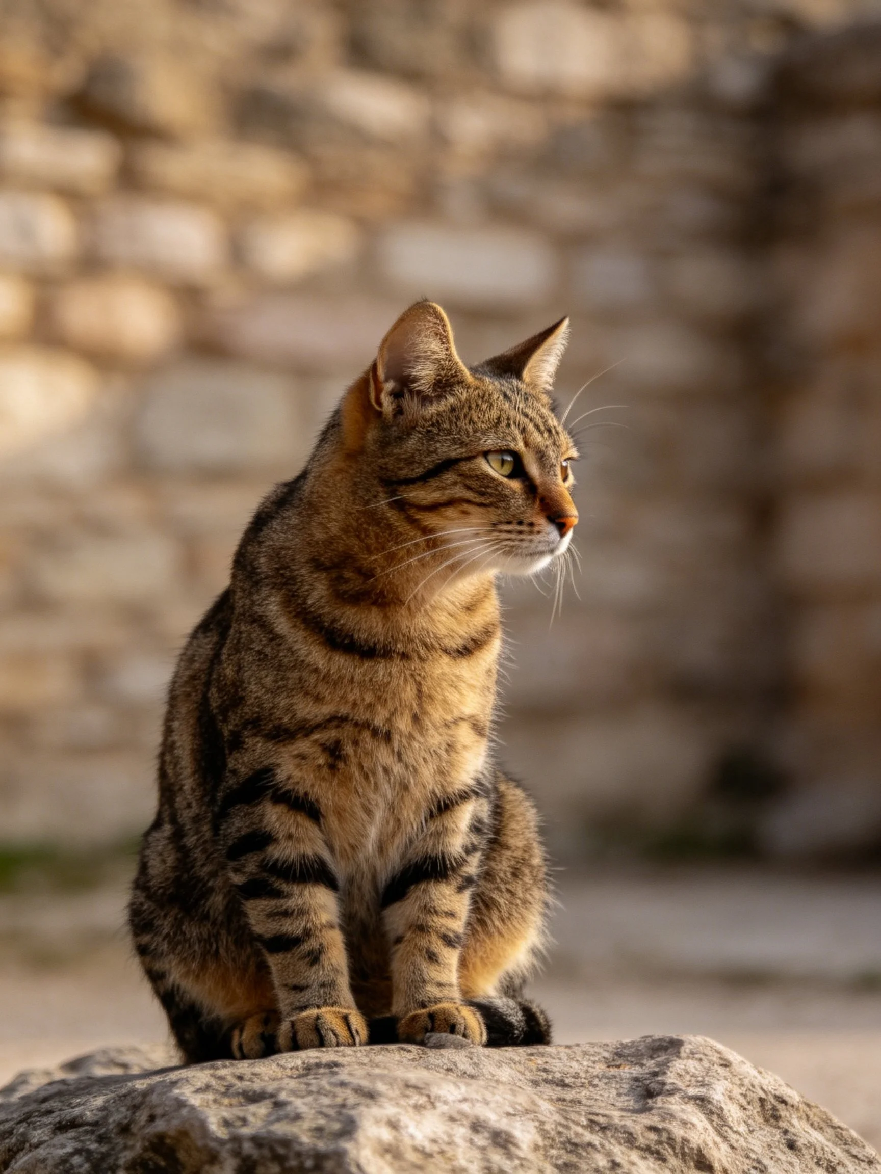 A brown tabby cat sits on a rock near a stone wall