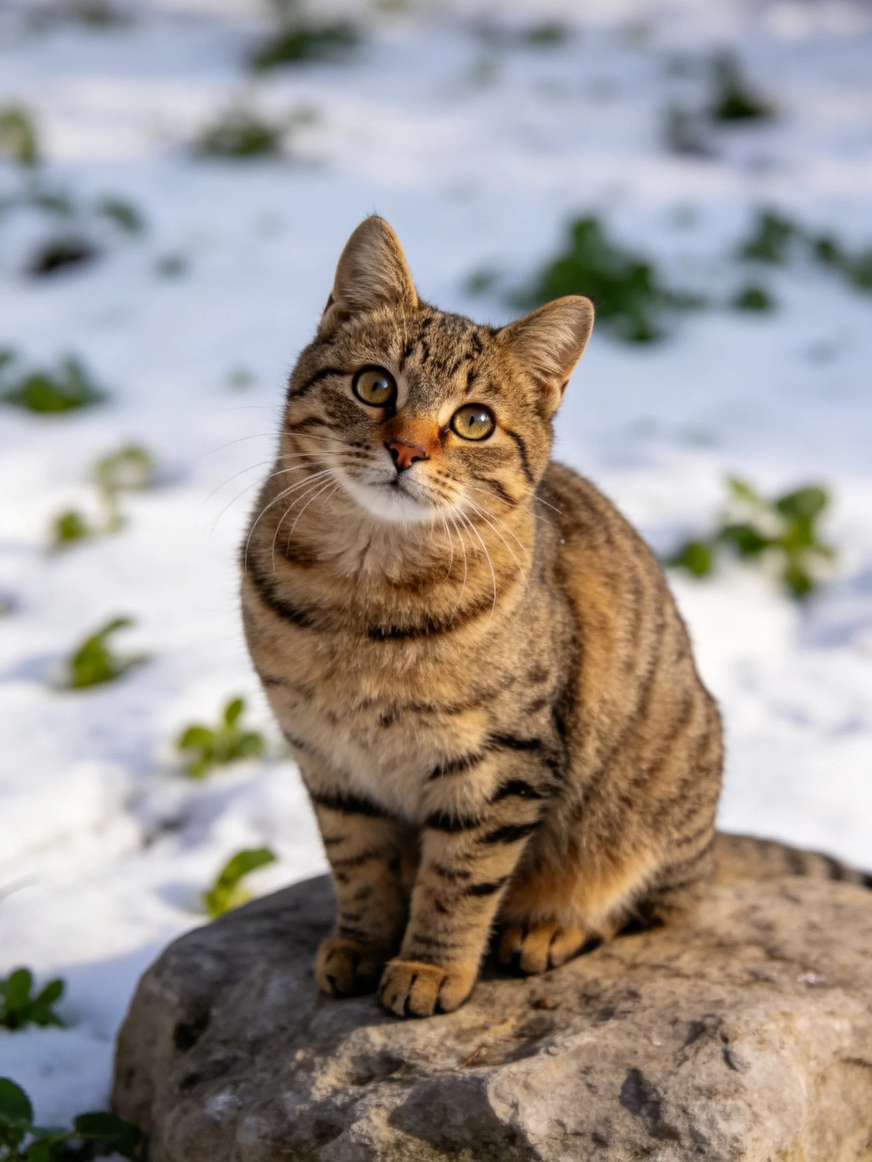A brown tabby cat sits on a stone amid snowy ground with green plants