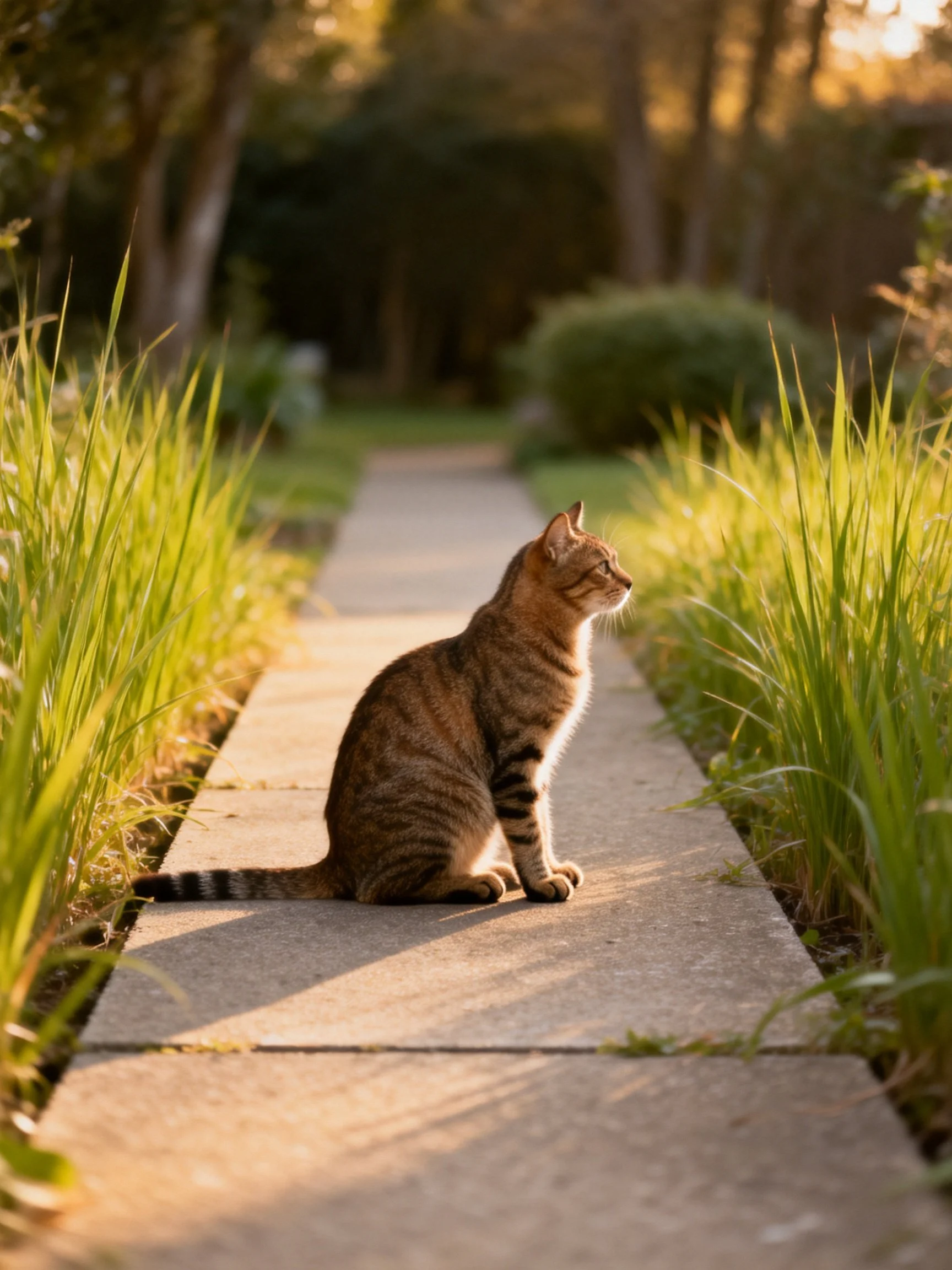 A brown tabby cat sits on a stone pathway surrounded by tall greenery