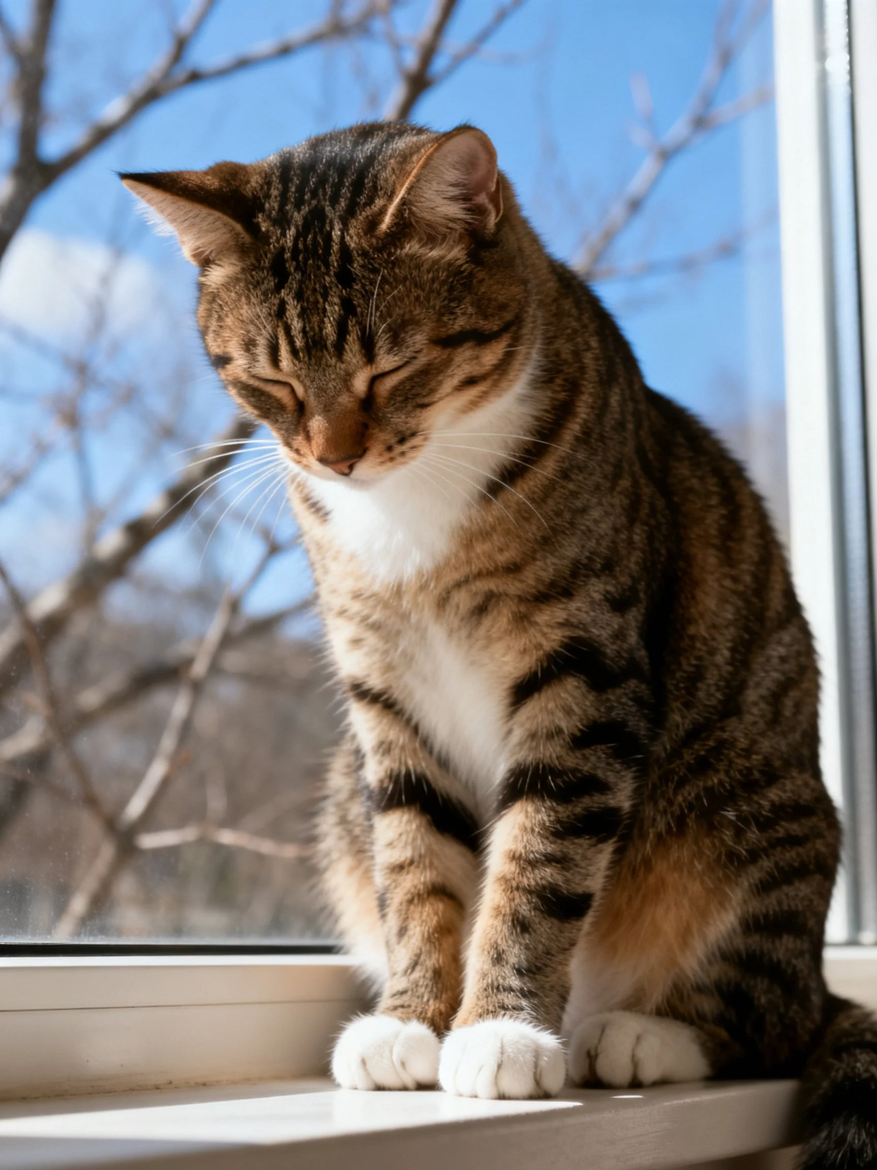 A brown tabby cat relaxes near a bright window.