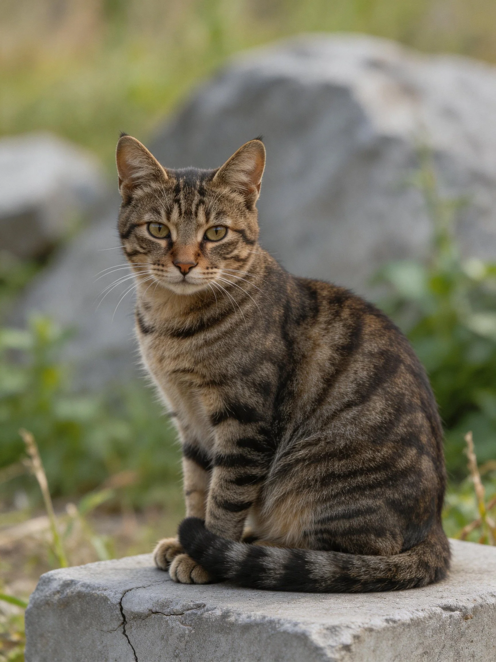 A brown tabby cat sits calmly on a stone amid rocky terrain and greenery.